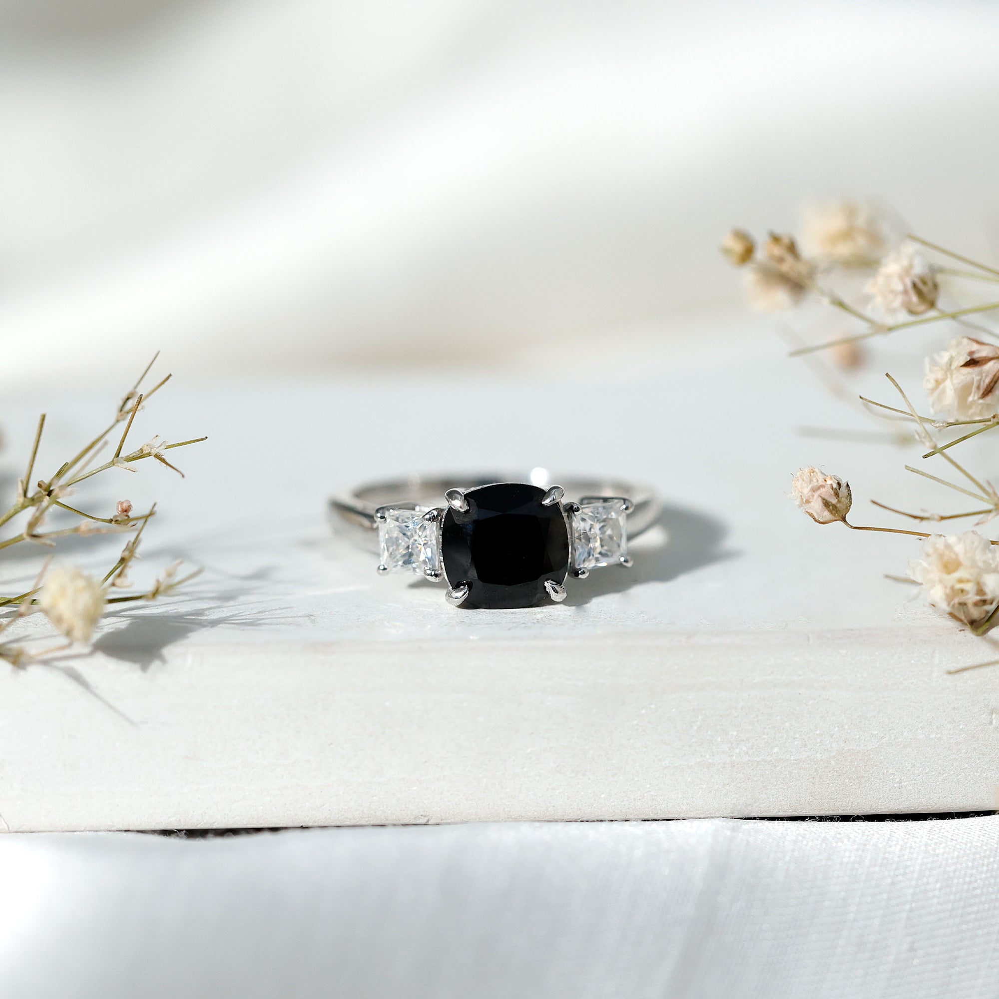 Cushion Cut Black Spinel Solitaire Engagement Ring with Moissanite AAA - Rosec Jewels