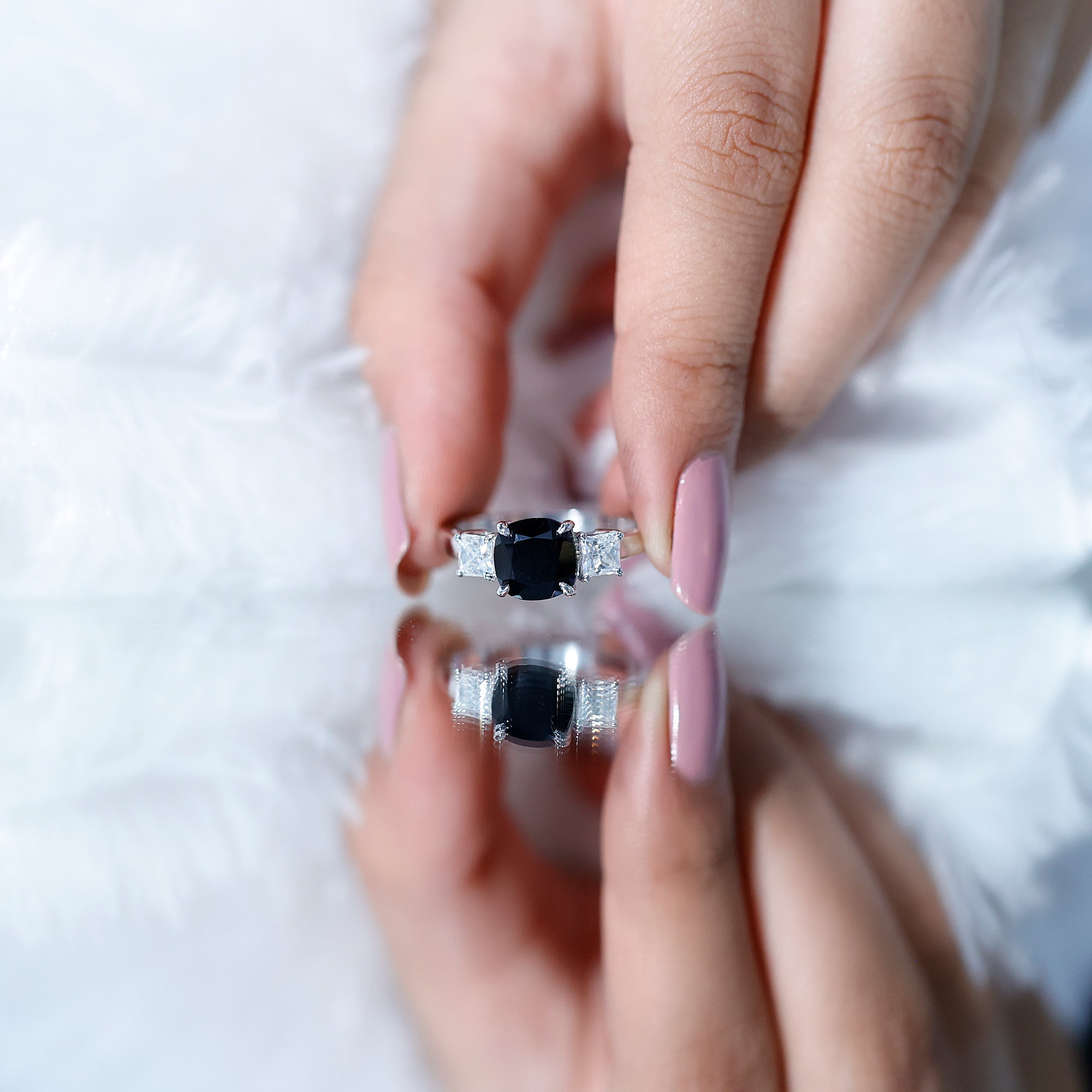 Cushion Cut Black Spinel Solitaire Engagement Ring with Moissanite AAA - Rosec Jewels