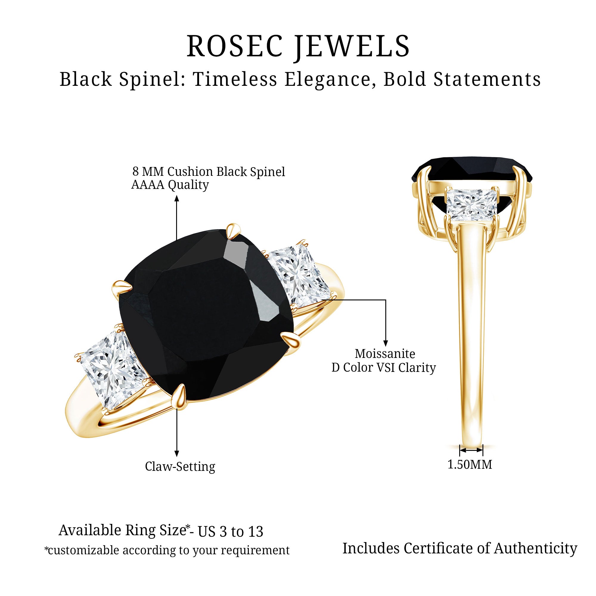Cushion Cut Black Spinel Solitaire Engagement Ring with Moissanite AAA - Rosec Jewels