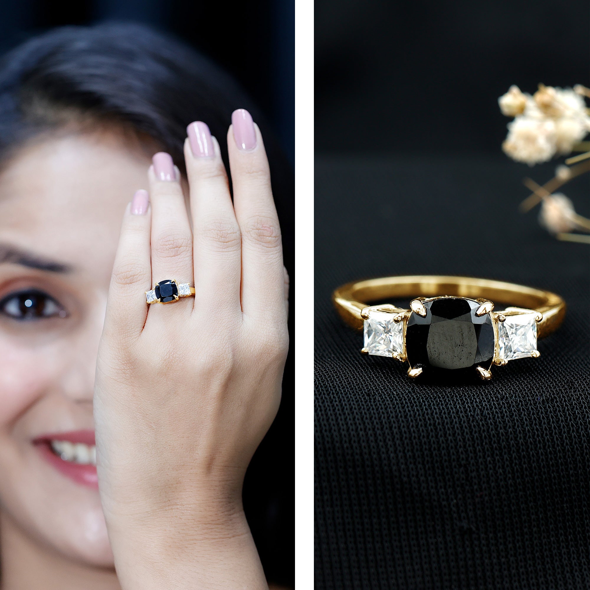 Cushion Cut Black Spinel Solitaire Engagement Ring with Moissanite AAA - Rosec Jewels