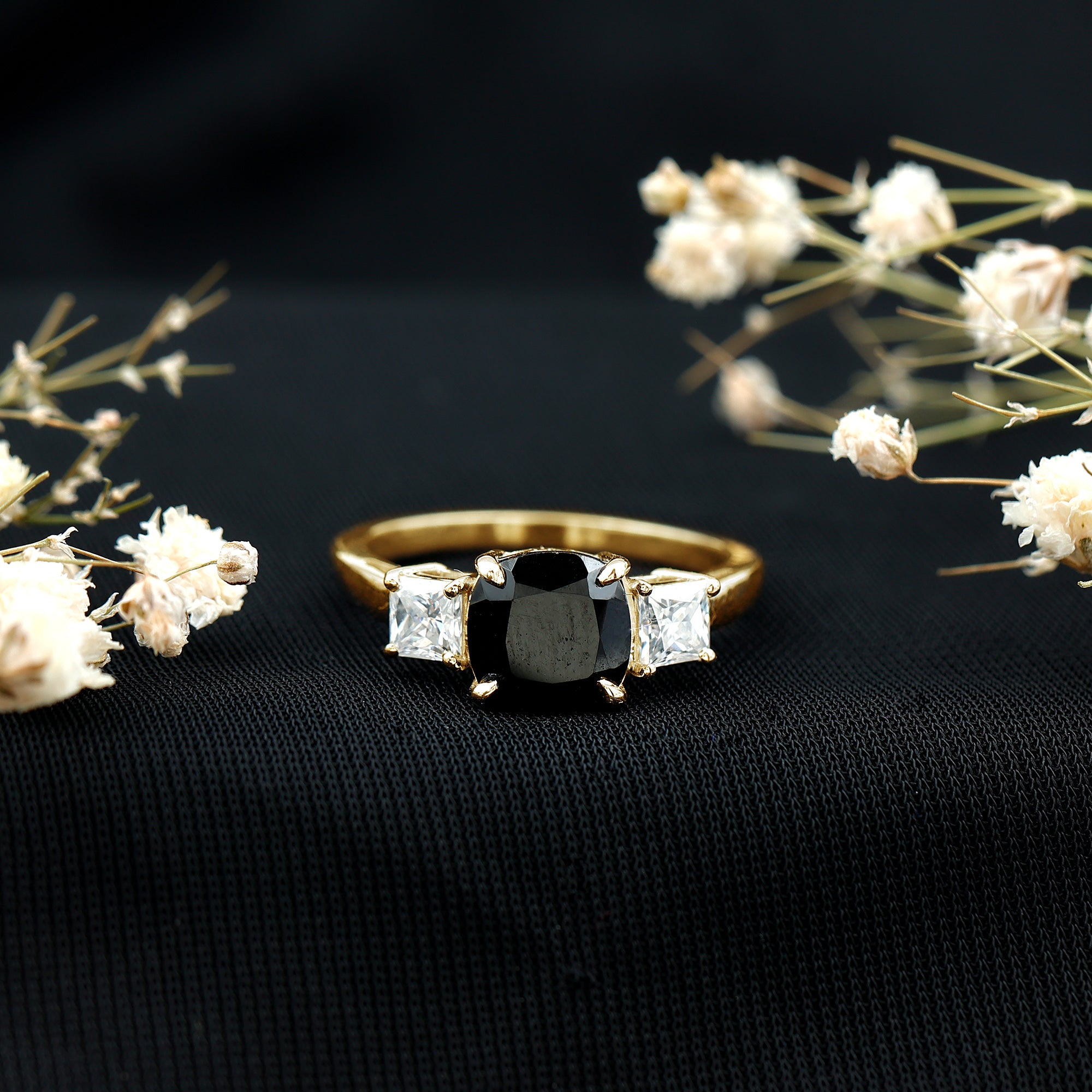 Cushion Cut Black Spinel Solitaire Engagement Ring with Moissanite AAA - Rosec Jewels