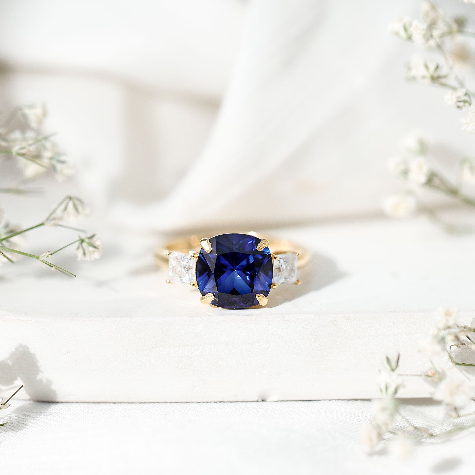 Certified 5.98 Carat Lab Grown Blue Sapphire Big Engagement Ring with Moissanite AAAA - Rosec Jewels