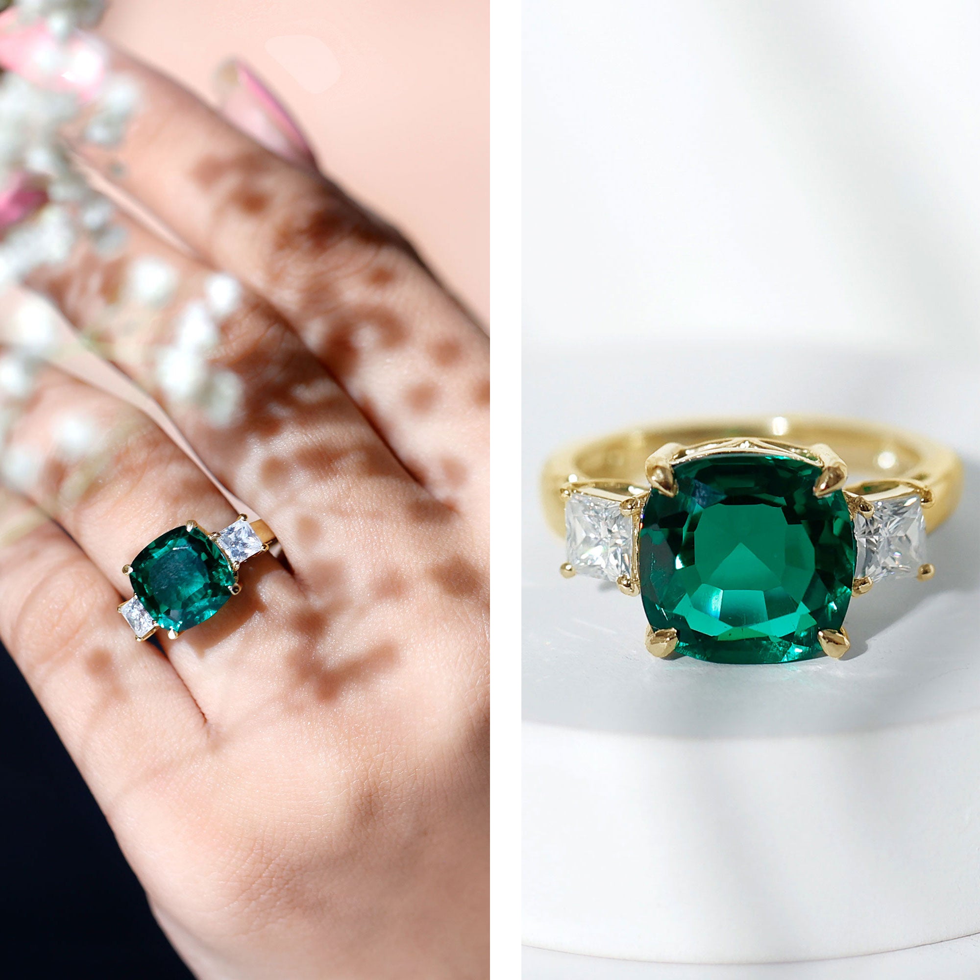 Rosec Jewels-Certified Lab Grown Emerald Moissanite 3 Stone Engagement Ring