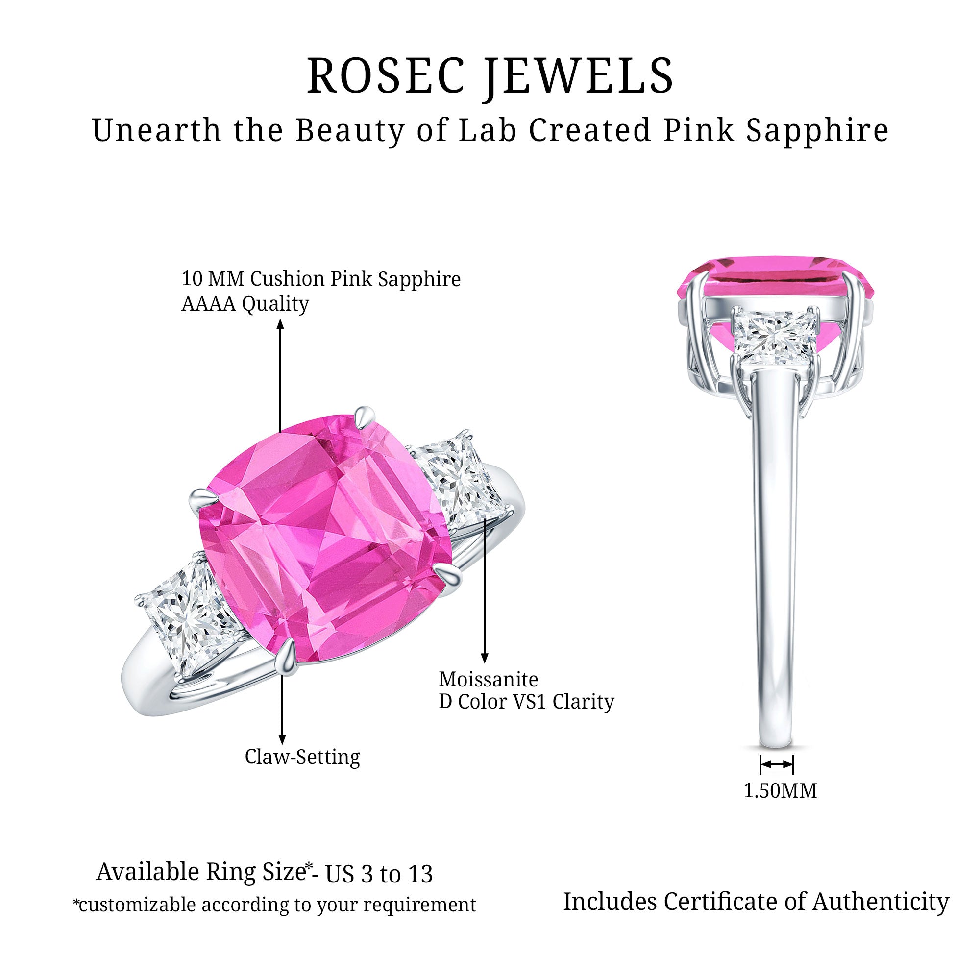 Lab Grown Pink Sapphire Past Present Future Engagement Ring AAAA - Rosec Jewels