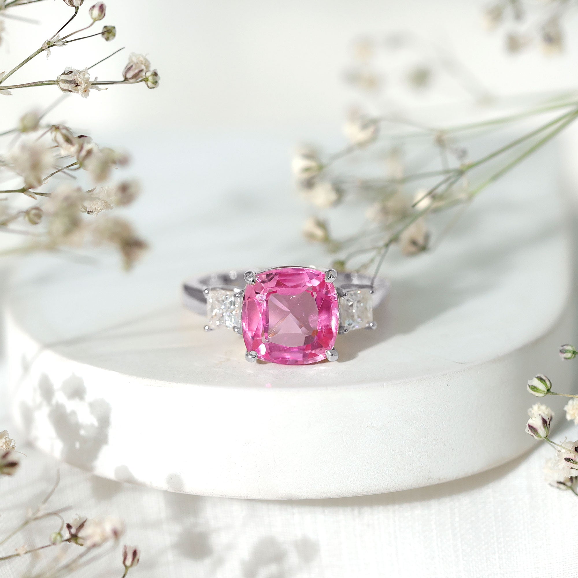 Lab Grown Pink Sapphire Past Present Future Engagement Ring AAAA - Rosec Jewels