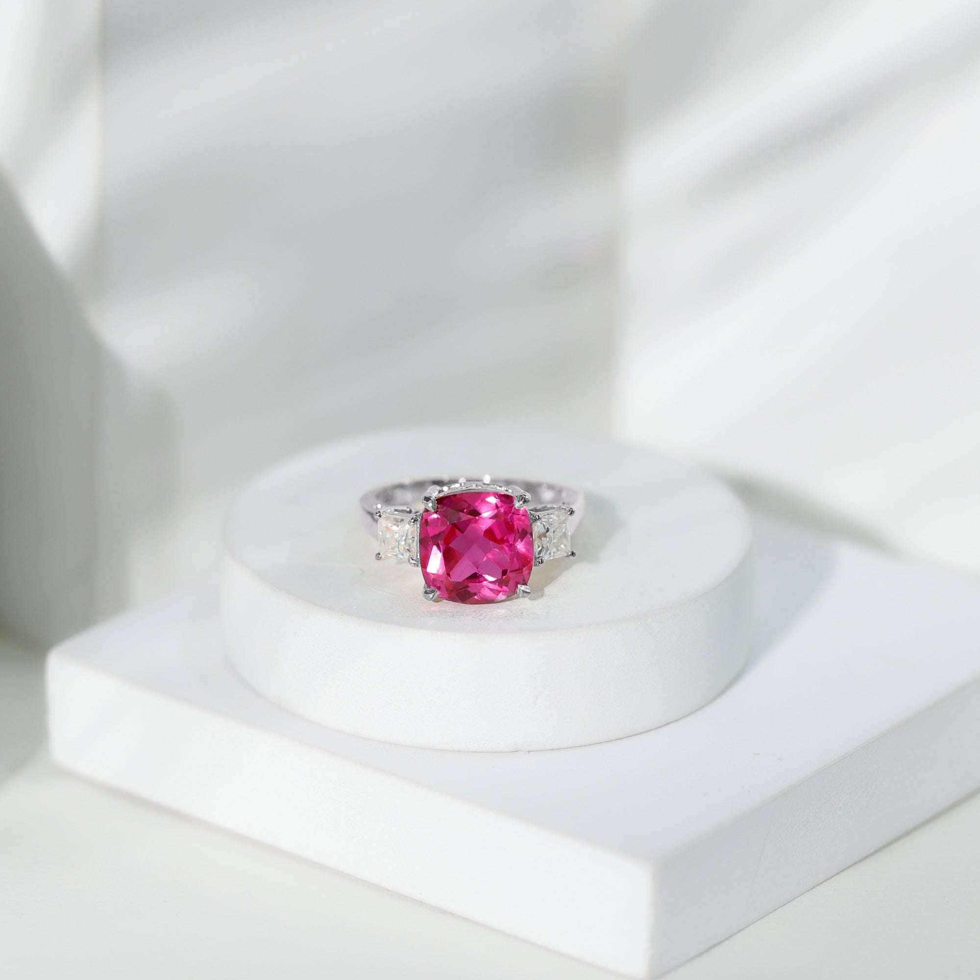 Lab Grown Pink Sapphire Past Present Future Engagement Ring AAAA - Rosec Jewels
