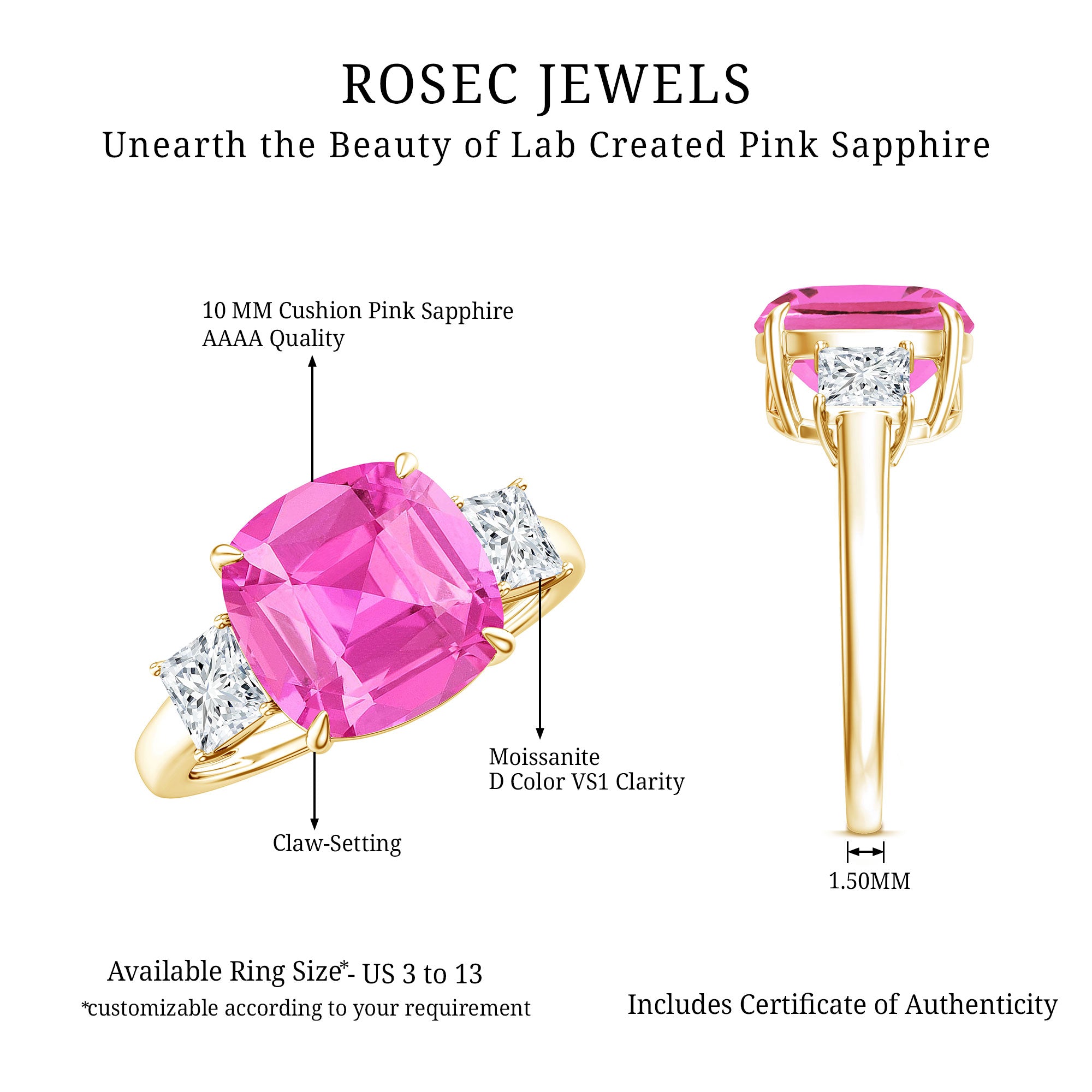 Lab Grown Pink Sapphire Past Present Future Engagement Ring AAAA - Rosec Jewels