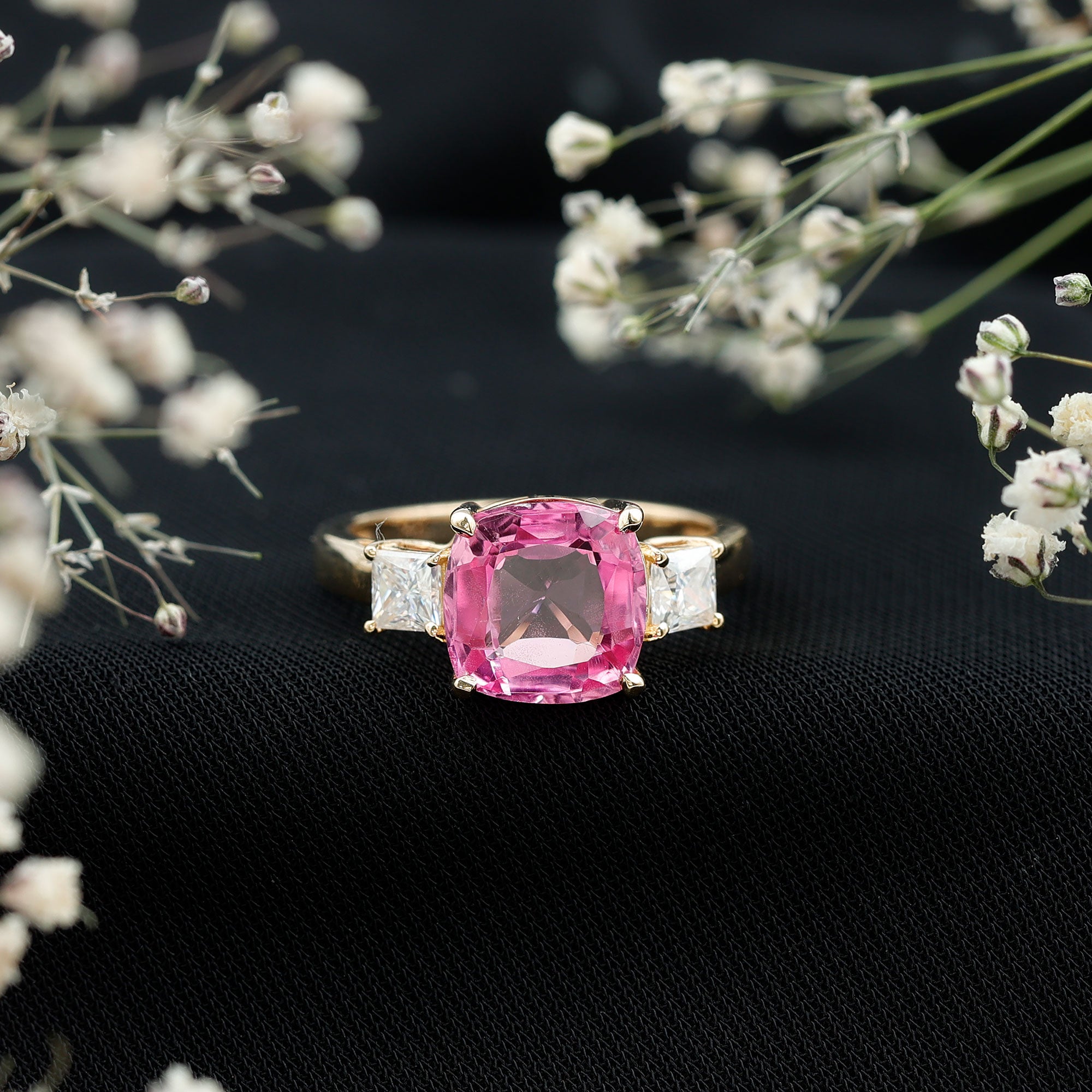 Lab Grown Pink Sapphire Past Present Future Engagement Ring AAAA - Rosec Jewels