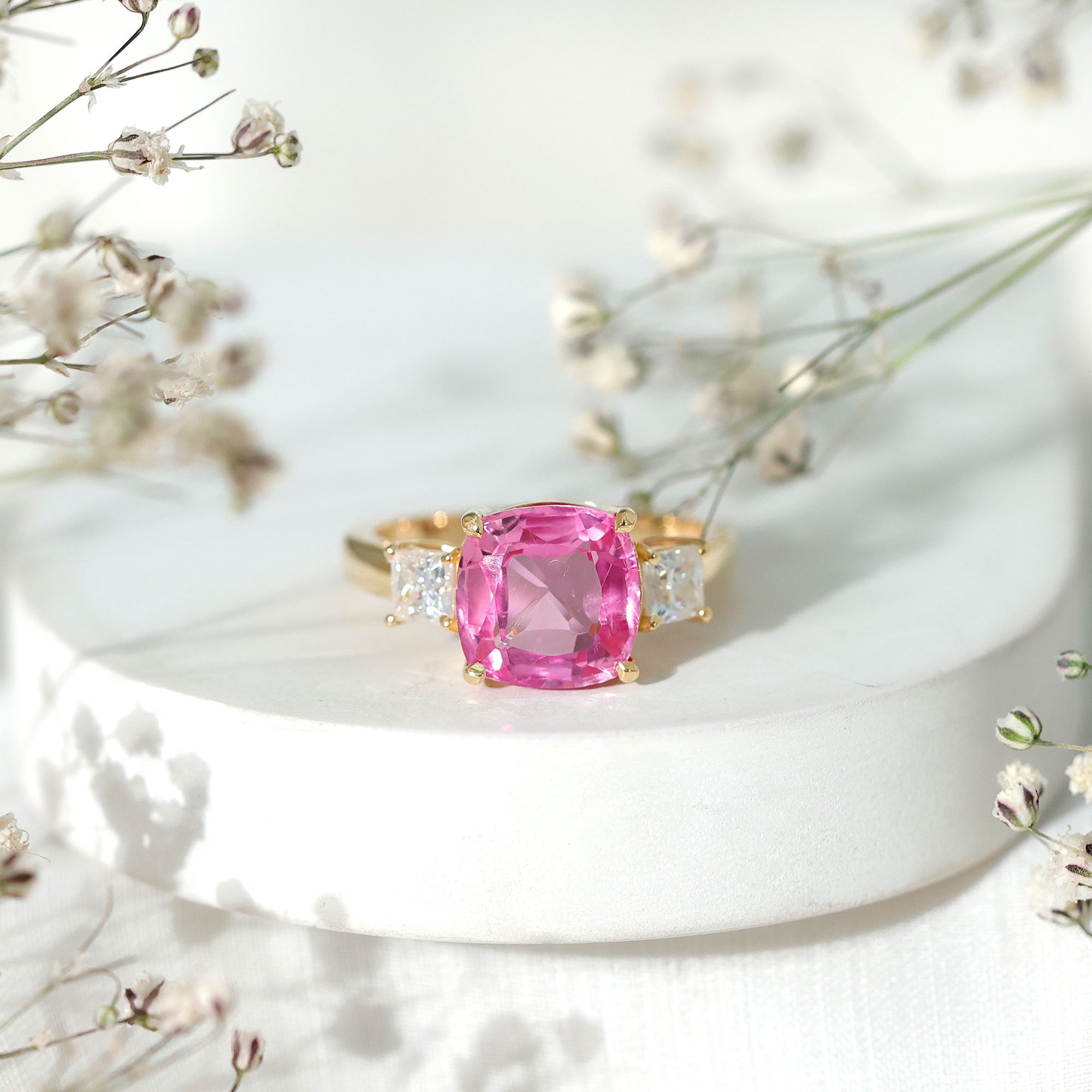 Lab Grown Pink Sapphire Past Present Future Engagement Ring AAAA - Rosec Jewels