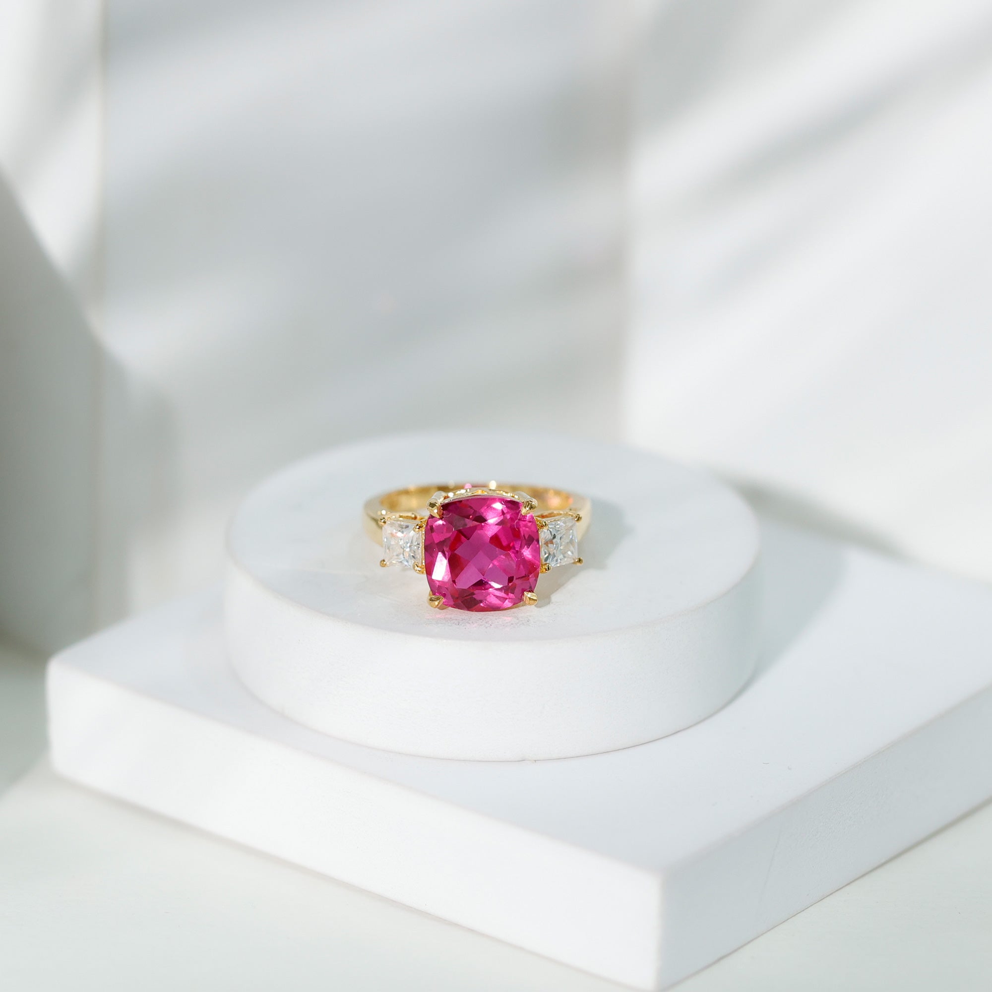 Lab Grown Pink Sapphire Past Present Future Engagement Ring AAAA - Rosec Jewels