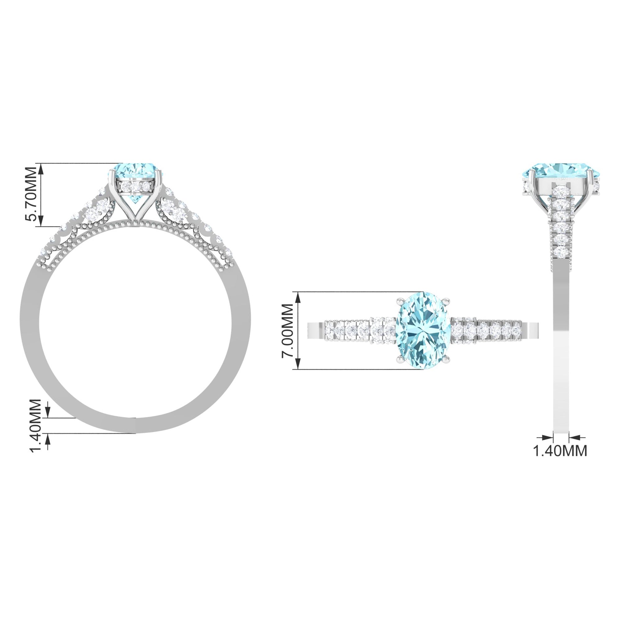 1 Carat Genuine Aquamarine Oval Engagement Ring with Diamond Side Stones AAA - Rosec Jewels