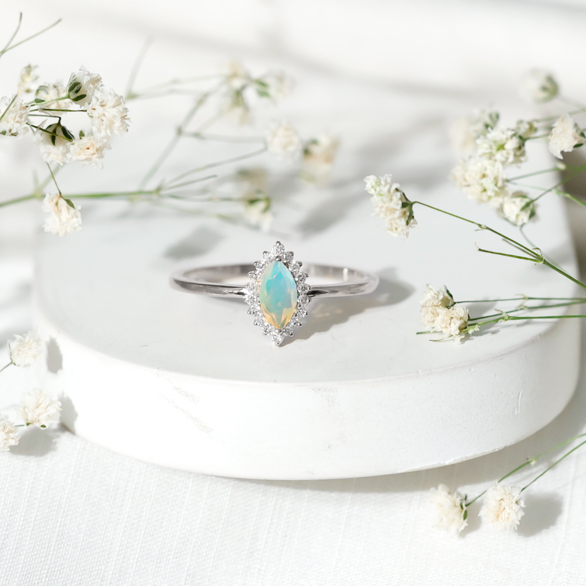 Ethiopian Opal 4x8mm Marquise Cut Engagement Ring with Diamond Halo AAA - Rosec Jewels
