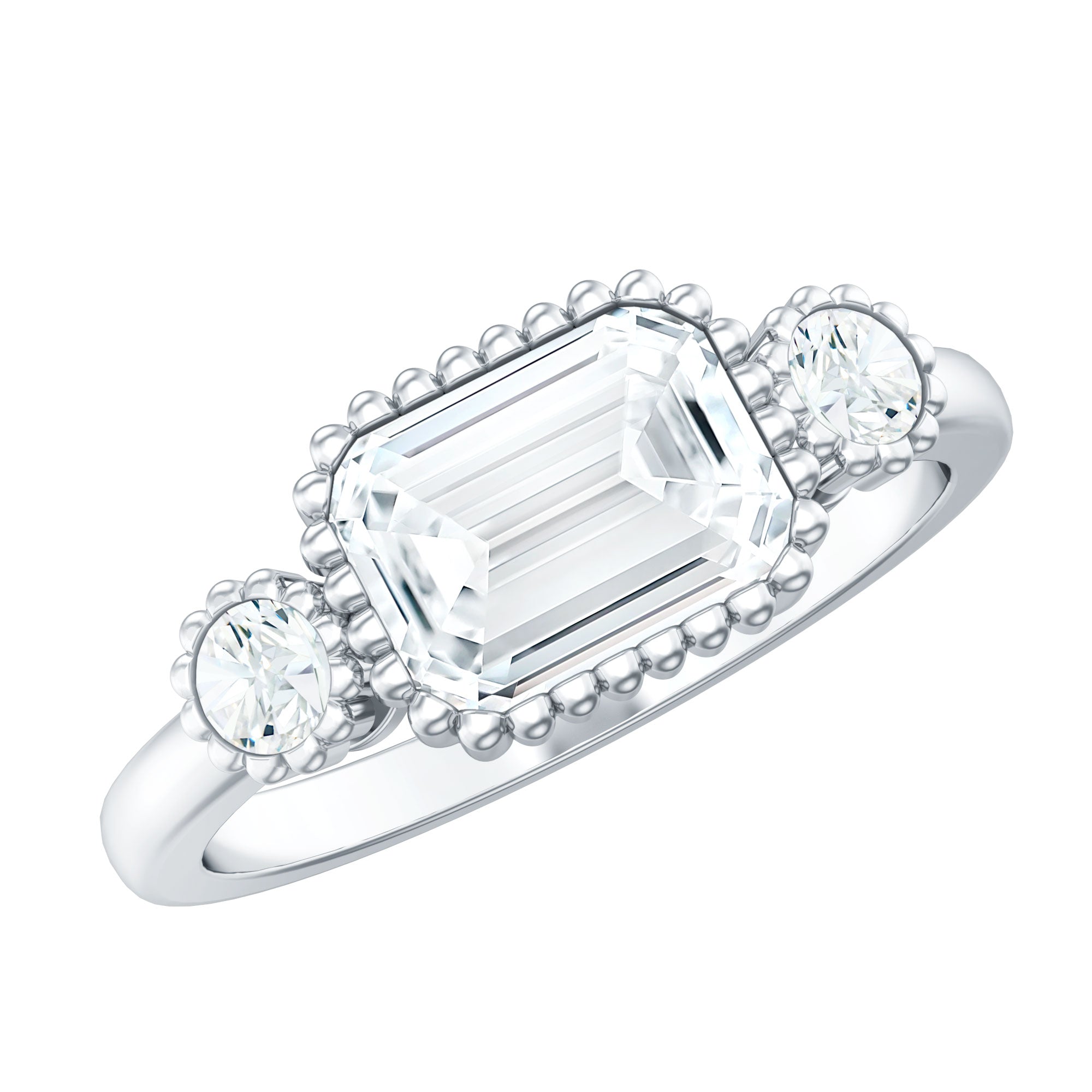 Emerald Cut Moissanite 3 Stone Engagement Ring in East West Style D-VS1 - Rosec Jewels