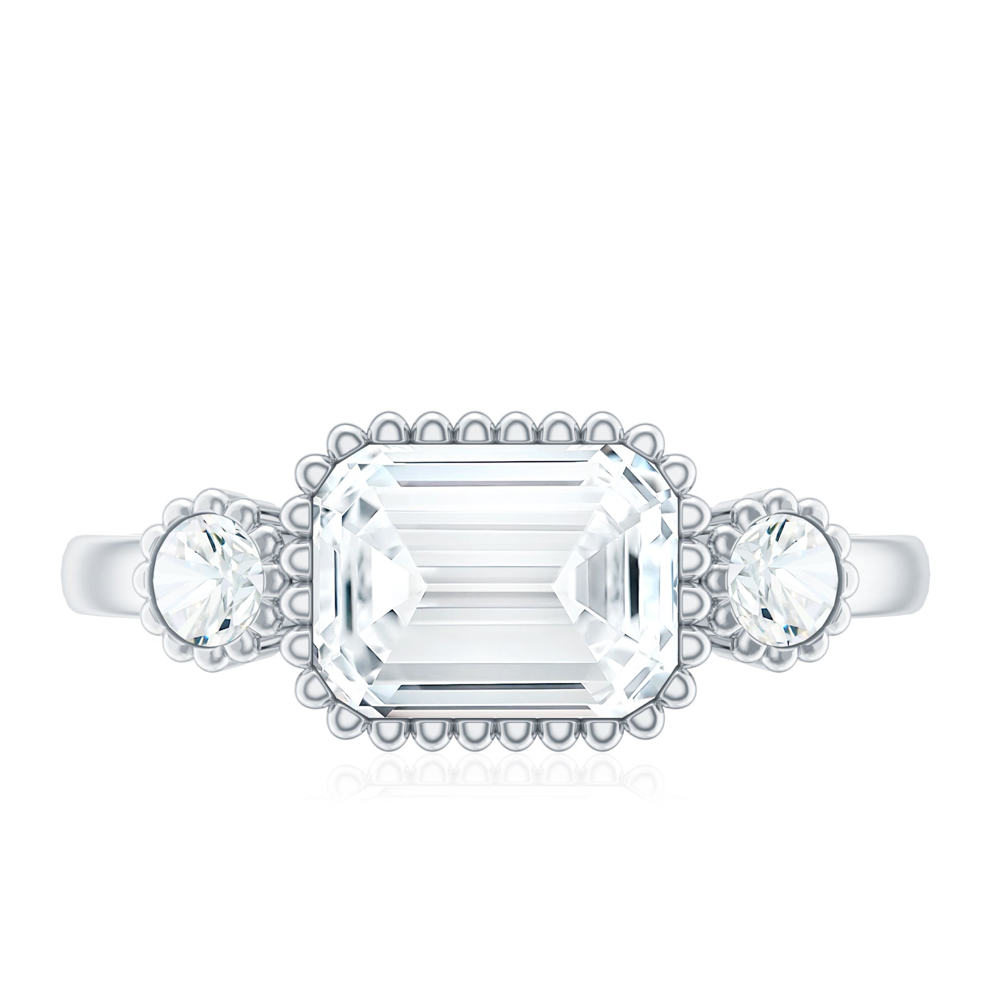 Emerald Cut Moissanite 3 Stone Engagement Ring in East West Style D-VS1 - Rosec Jewels