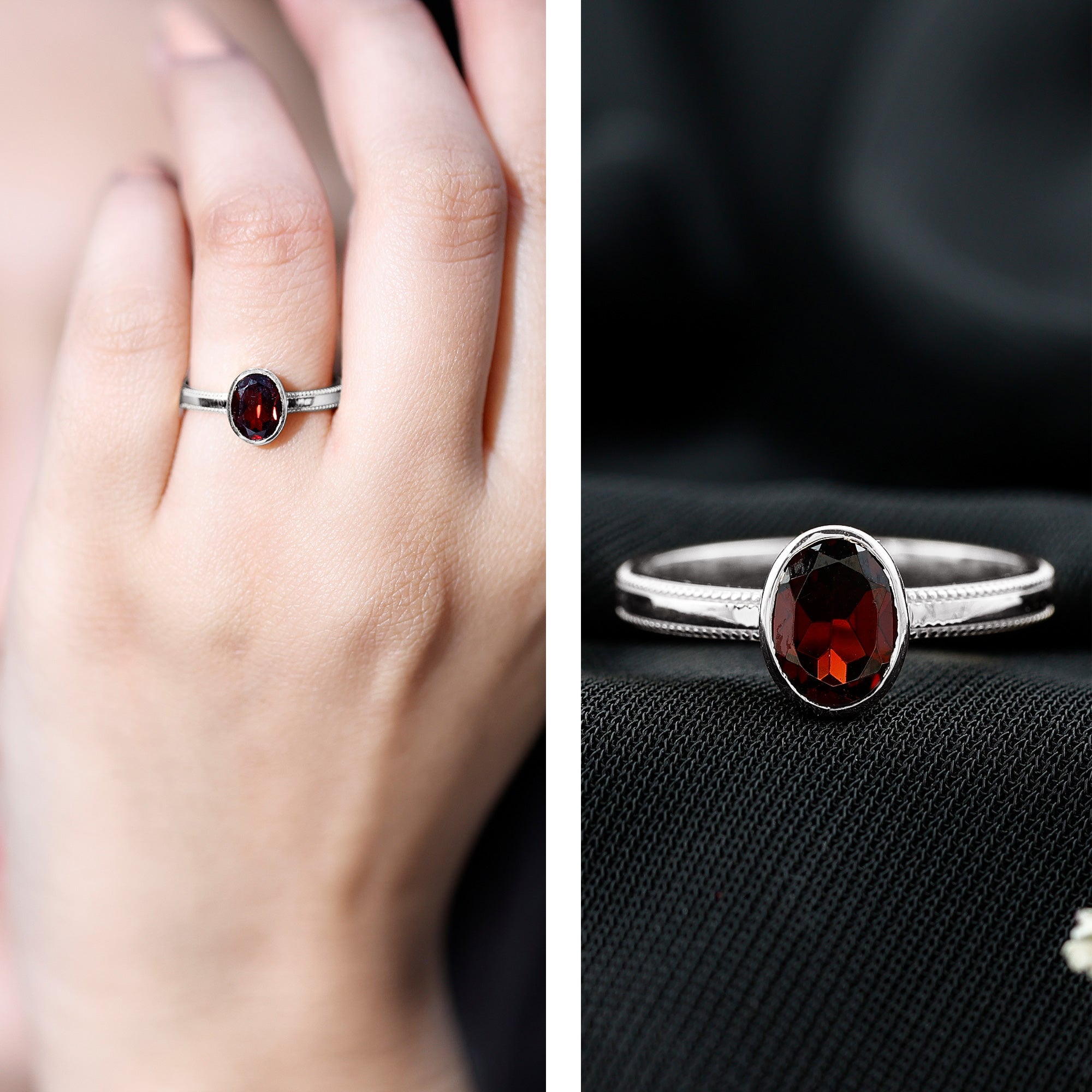 Certified Real Garnet Oval Engagement Ring in Bezel Setting AAA - Rosec Jewels
