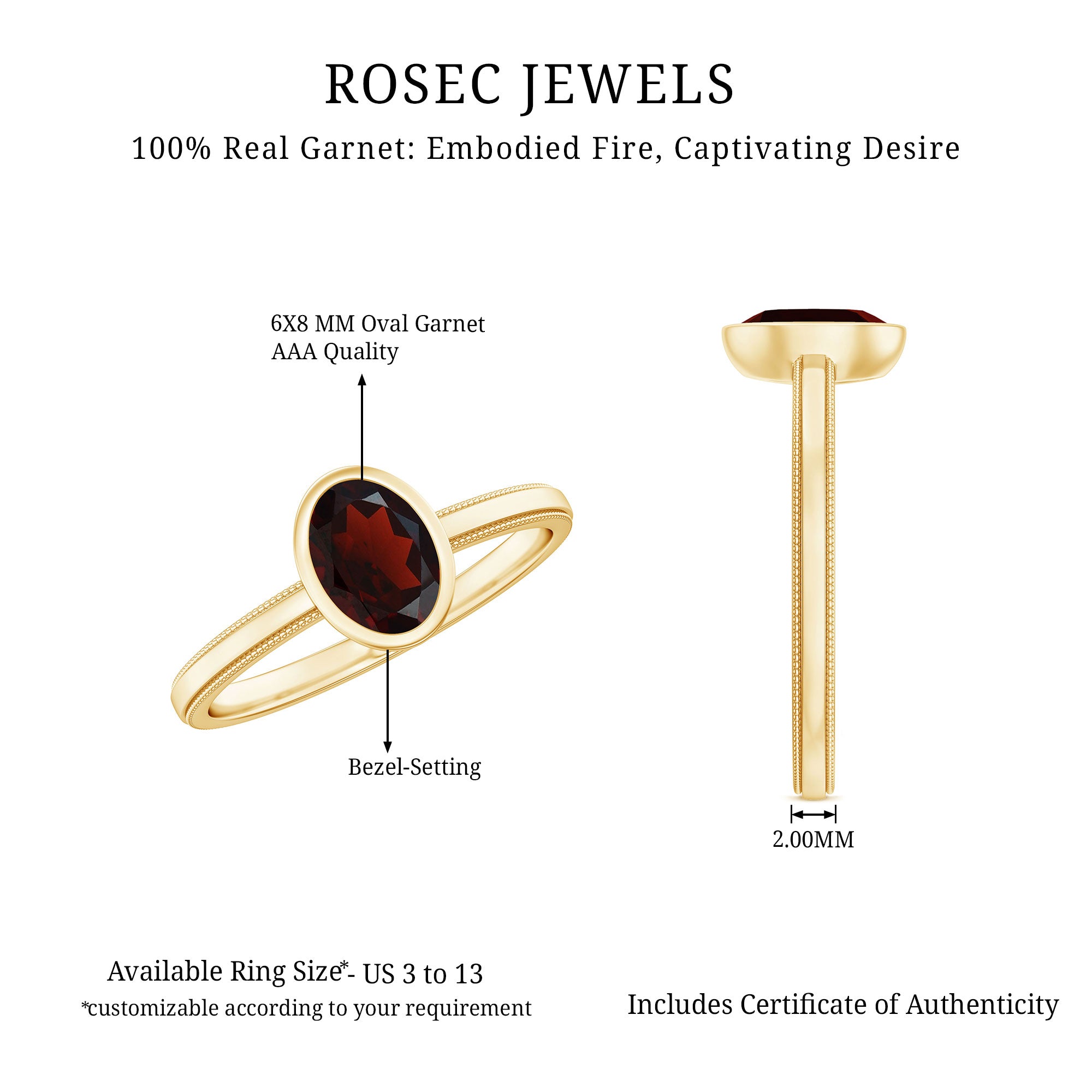 Certified Real Garnet Oval Engagement Ring in Bezel Setting AAA - Rosec Jewels