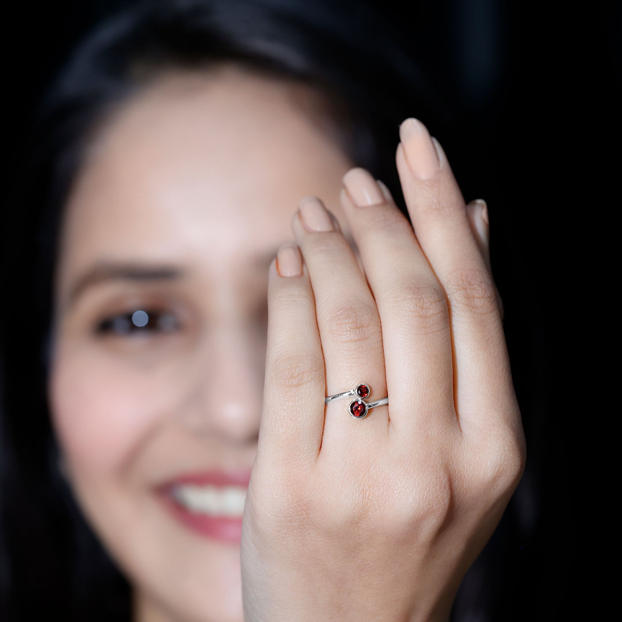 Natural Garnet 2 Stone Promise Ring with Bypass Shank AAA - Rosec Jewels
