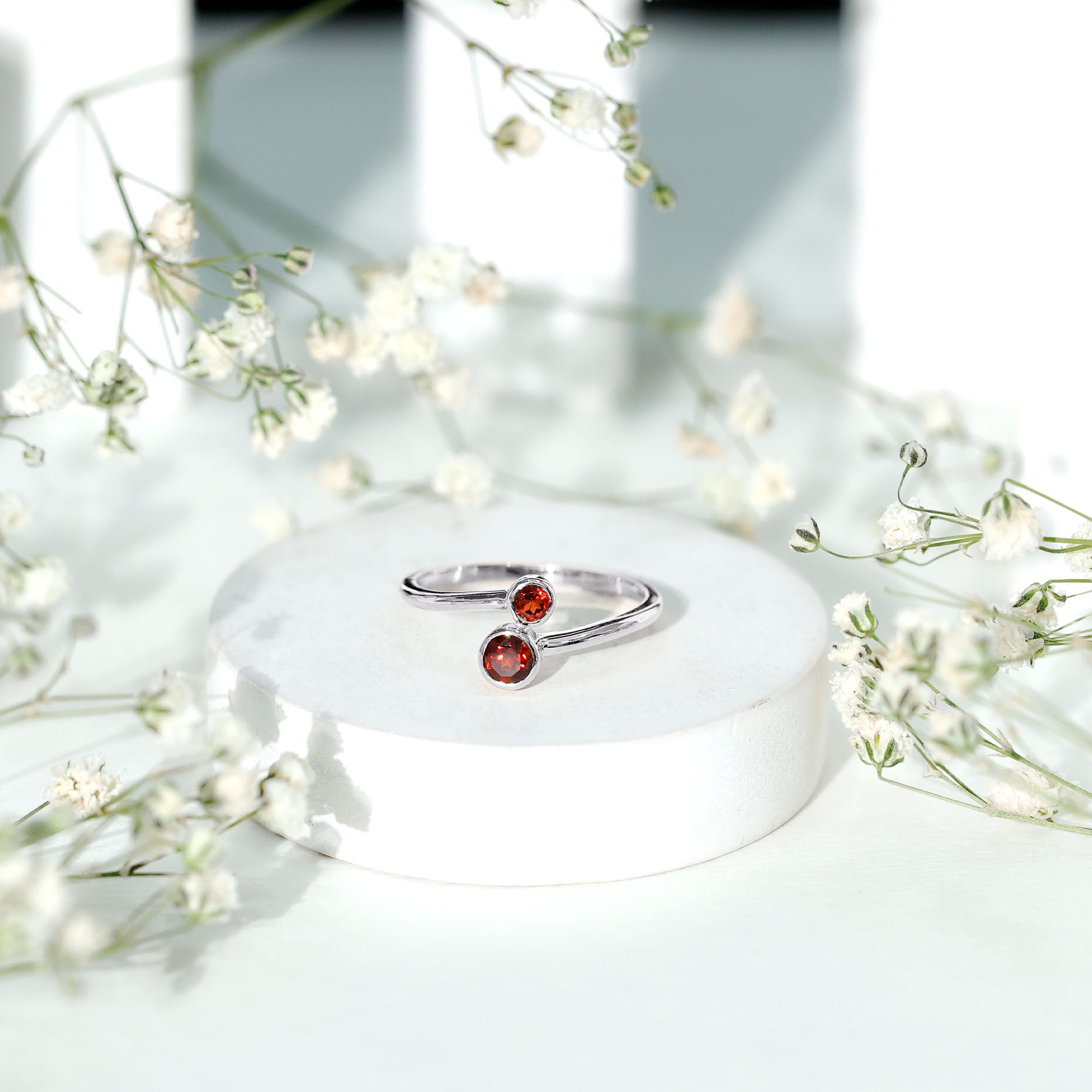 Natural Garnet 2 Stone Promise Ring with Bypass Shank AAA - Rosec Jewels
