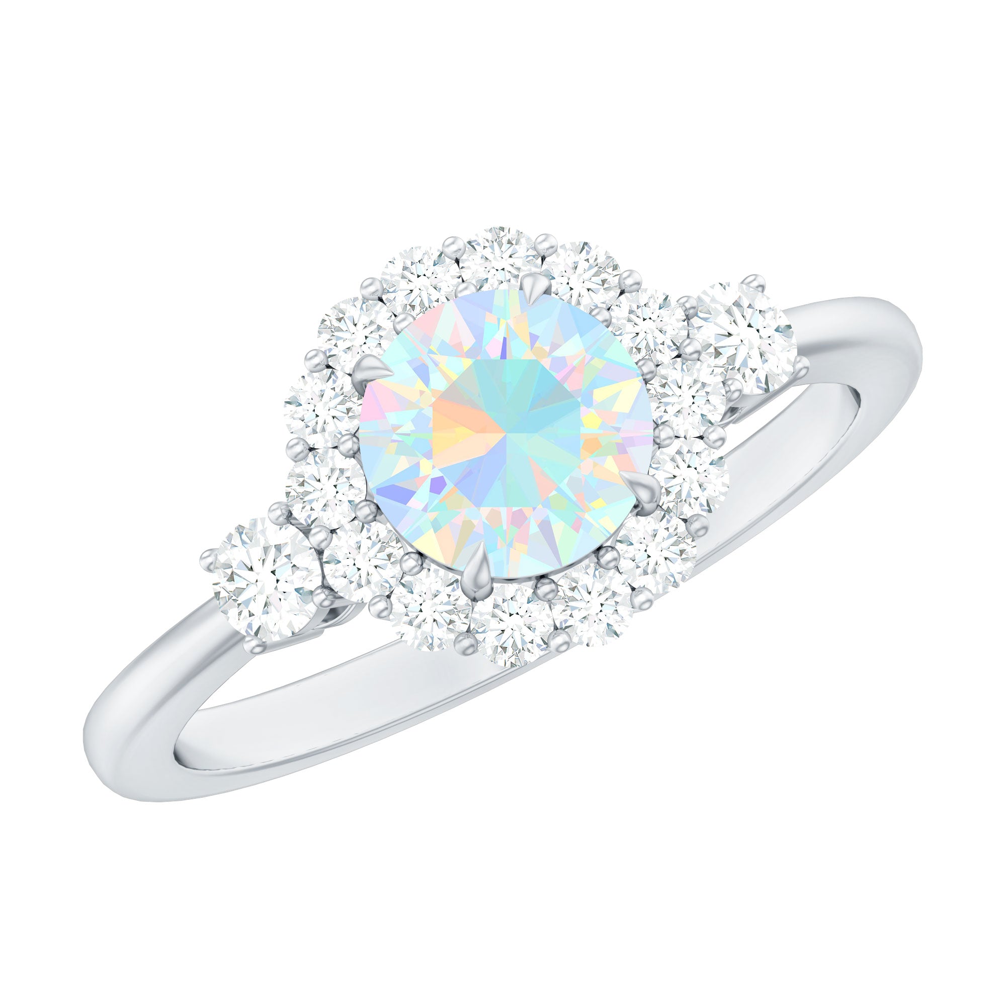 Classic Ethiopian Rainbow Opal Engagement Ring with Diamond Halo