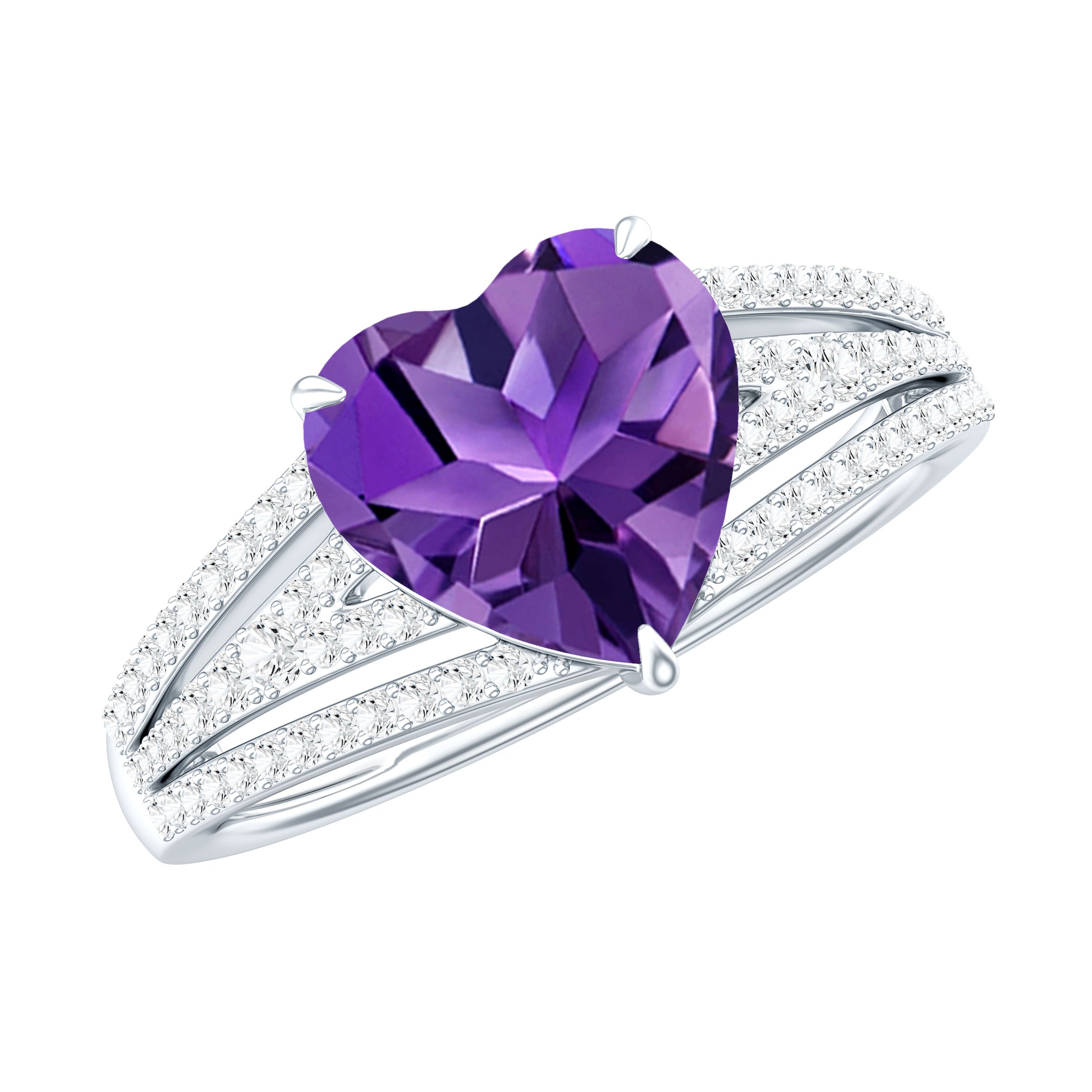 Natural 2 Carat Amethyst Heart Engagement Ring with Diamond Split Shank AAA - Rosec Jewels