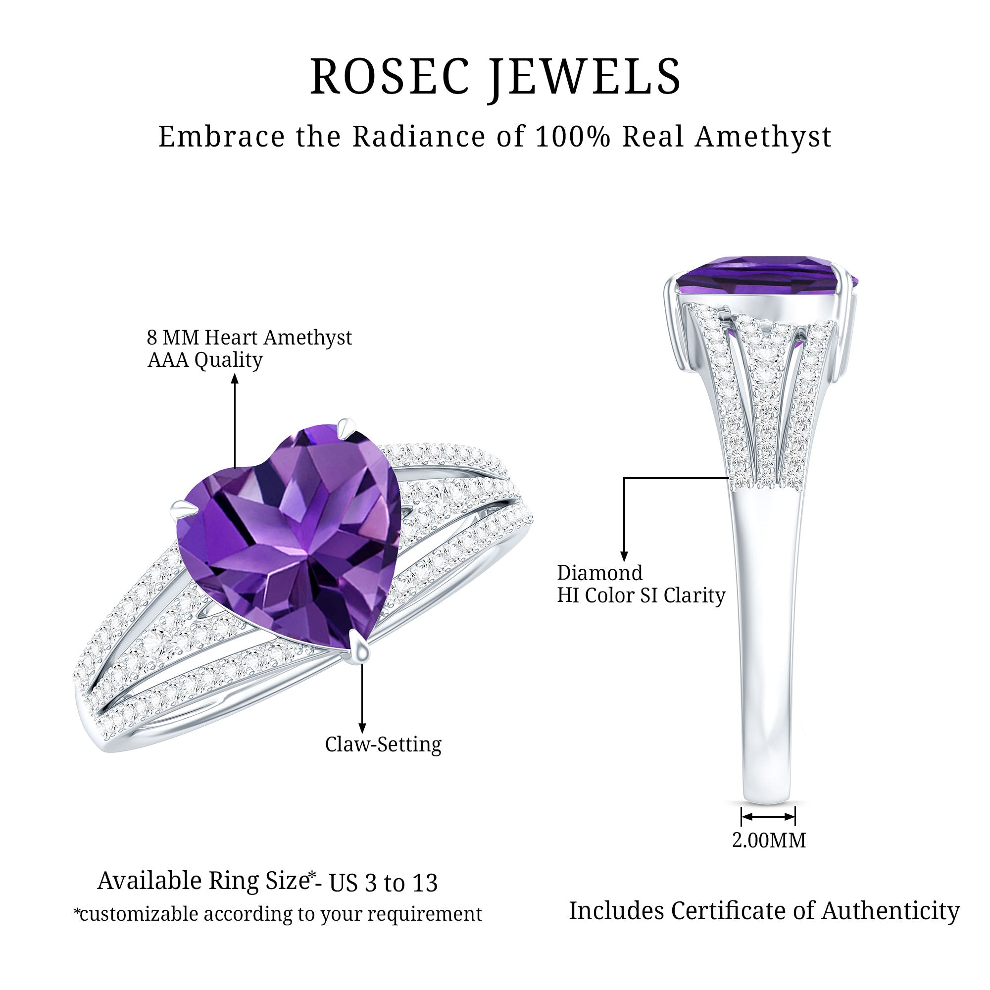 Natural 2 Carat Amethyst Heart Engagement Ring with Diamond Split Shank AAA - Rosec Jewels
