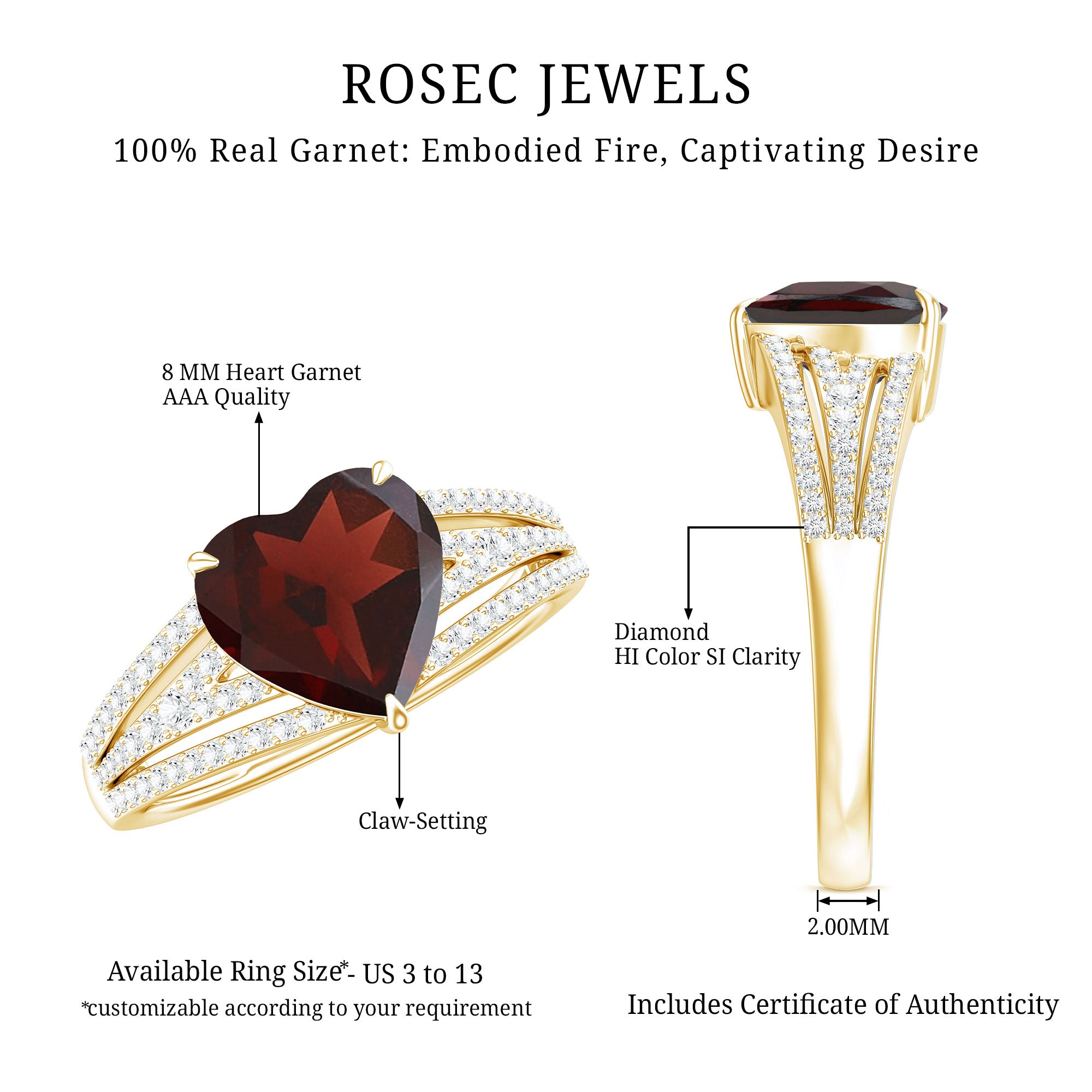Natural 8mm Garnet Heart Engagement Ring with Diamond Split Shank AAA - Rosec Jewels