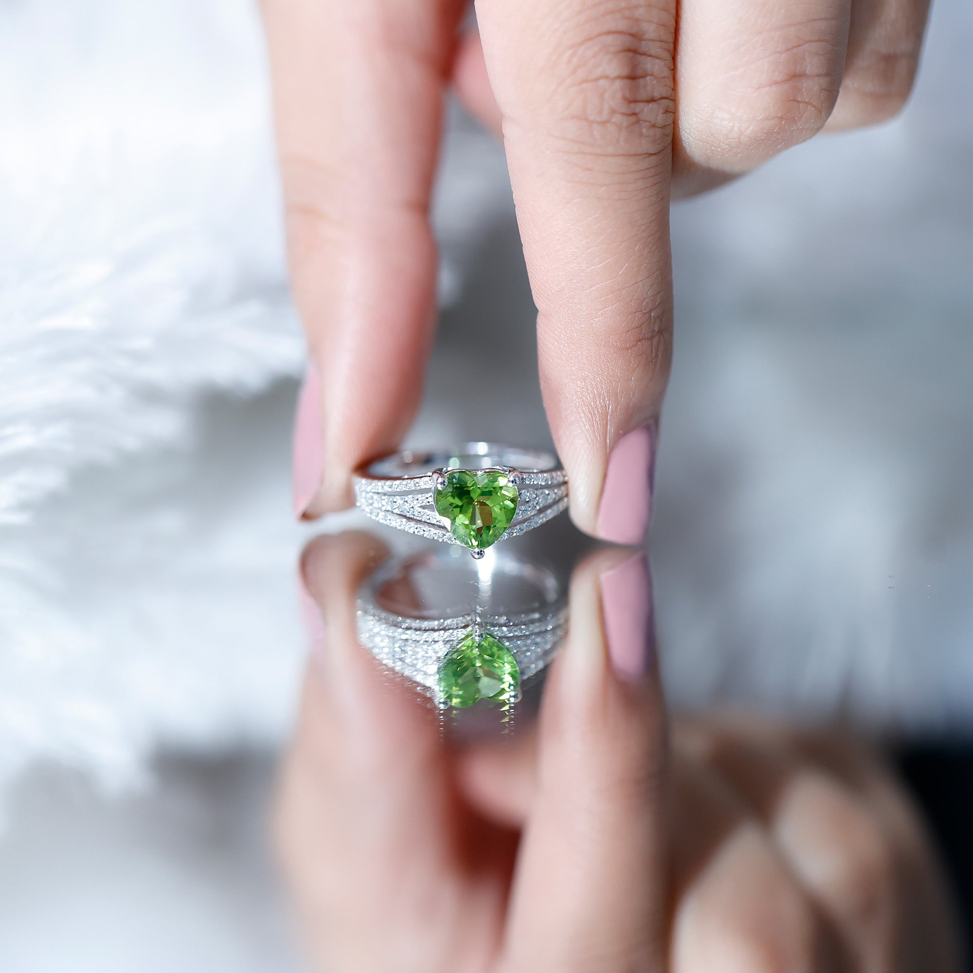 Natural 2 Carat Peridot Heart Engagement Ring with Diamond AAA - Rosec Jewels