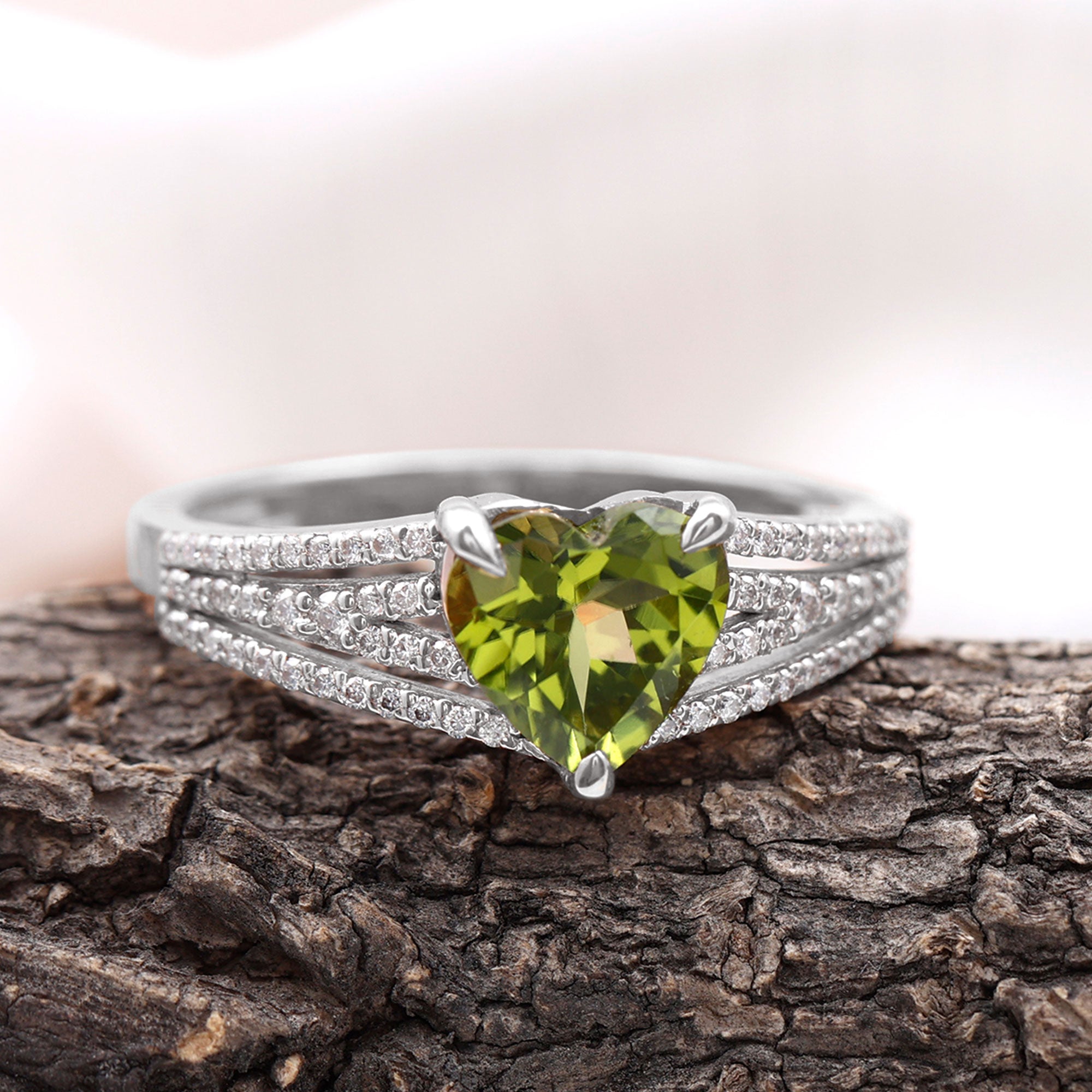 Natural 2 Carat Peridot Heart Engagement Ring with Diamond AAA - Rosec Jewels