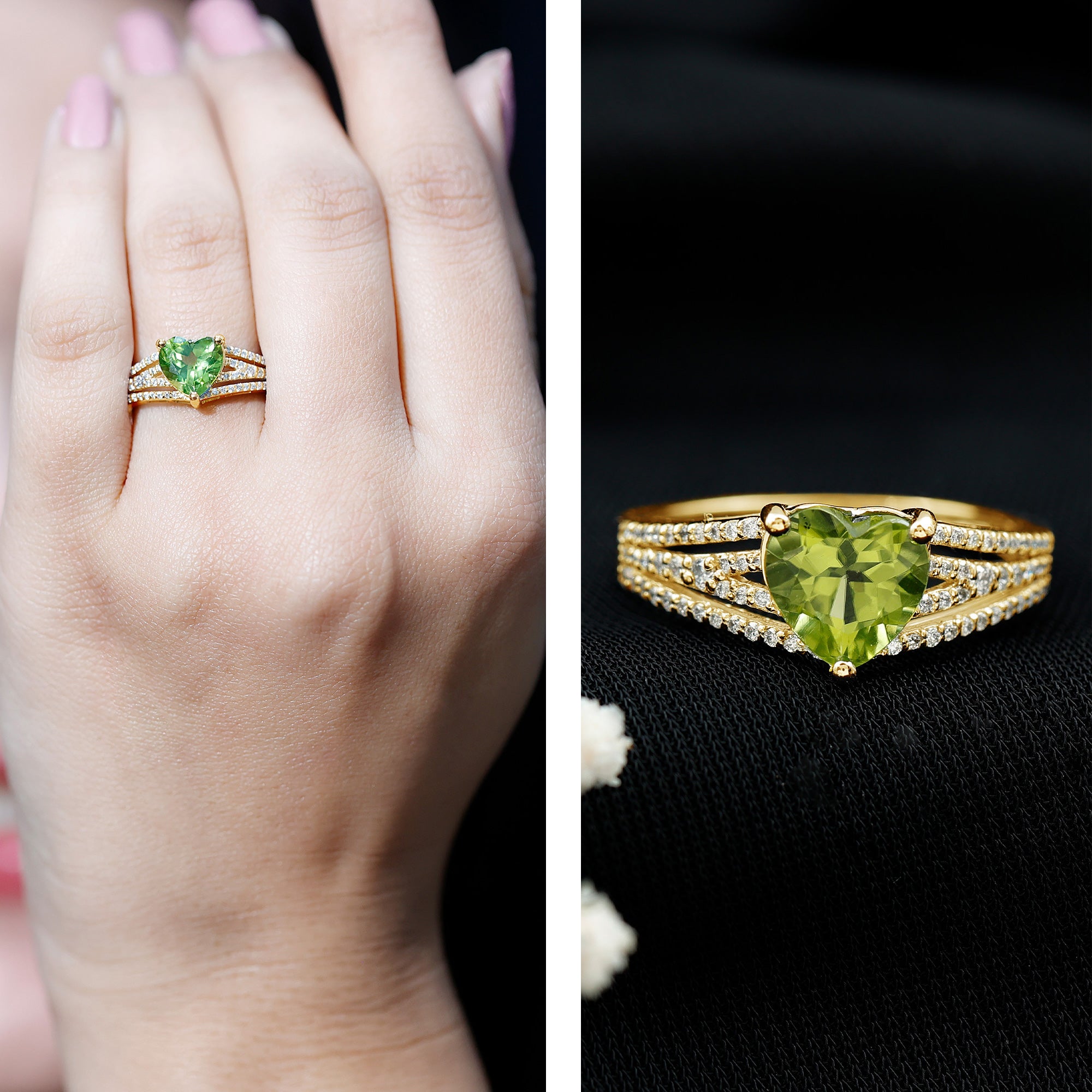 Natural 2 Carat Peridot Heart Engagement Ring with Diamond AAA - Rosec Jewels