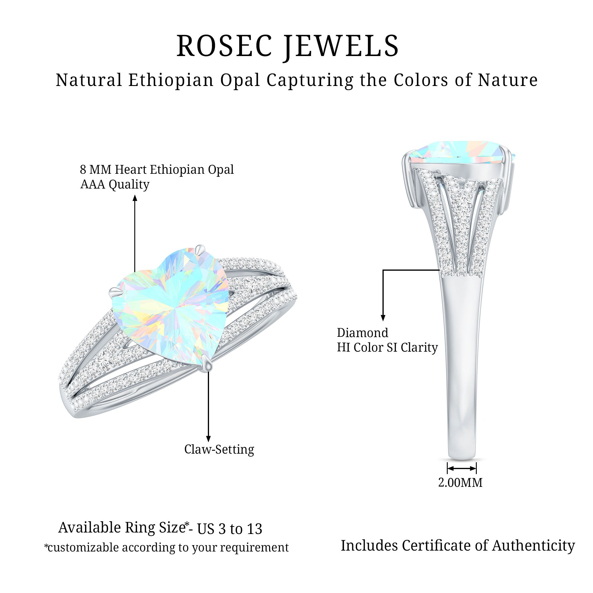 Designer Ethiopian Opal Heart Engagement Ring with Diamond Split Shank AAA - Rosec Jewels