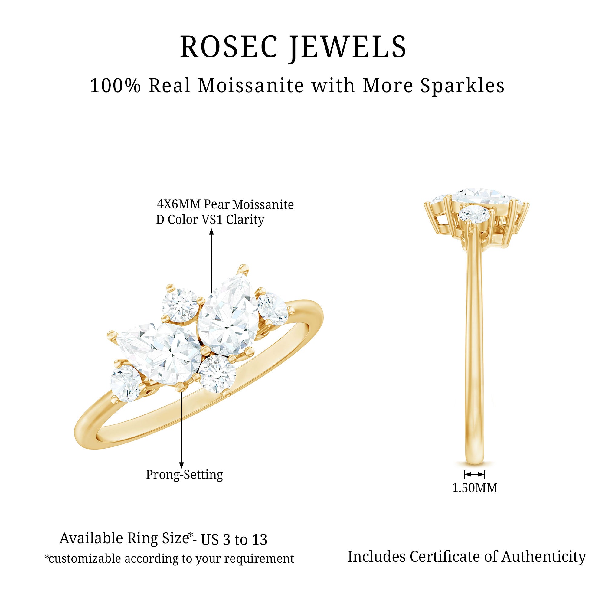 Pear and Round Moissanite Cluster Promise Ring D-VS1 - Rosec Jewels