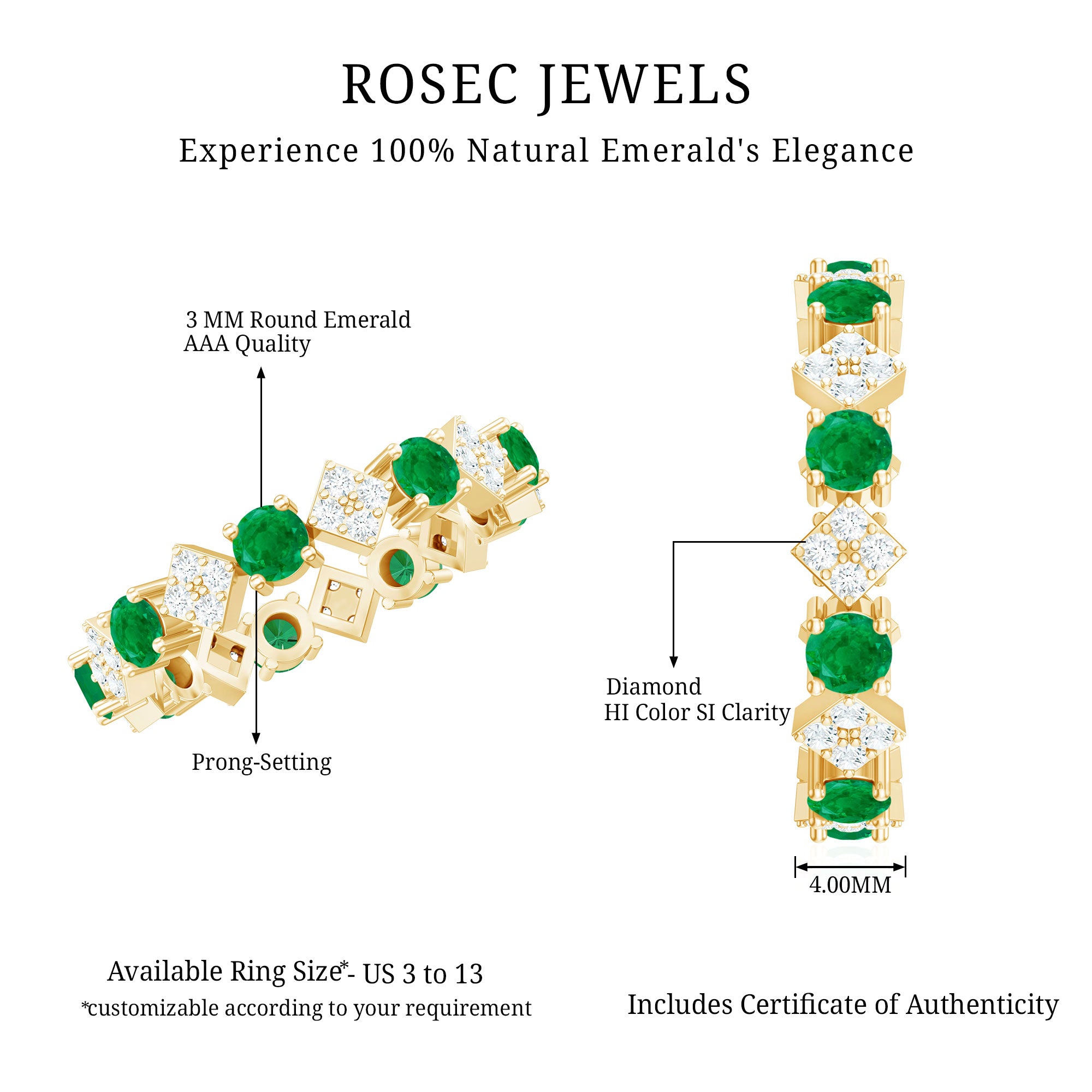 Genuine Emerald and Diamond Eternity Wedding Band AAA - Rosec Jewels