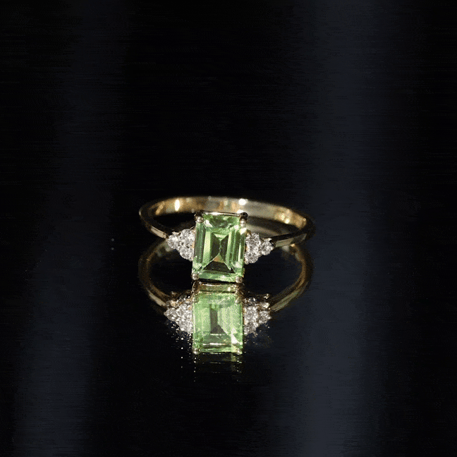 Emerald Cut Peridot Engagement Ring with Diamond Trio AAA - Rosec Jewels