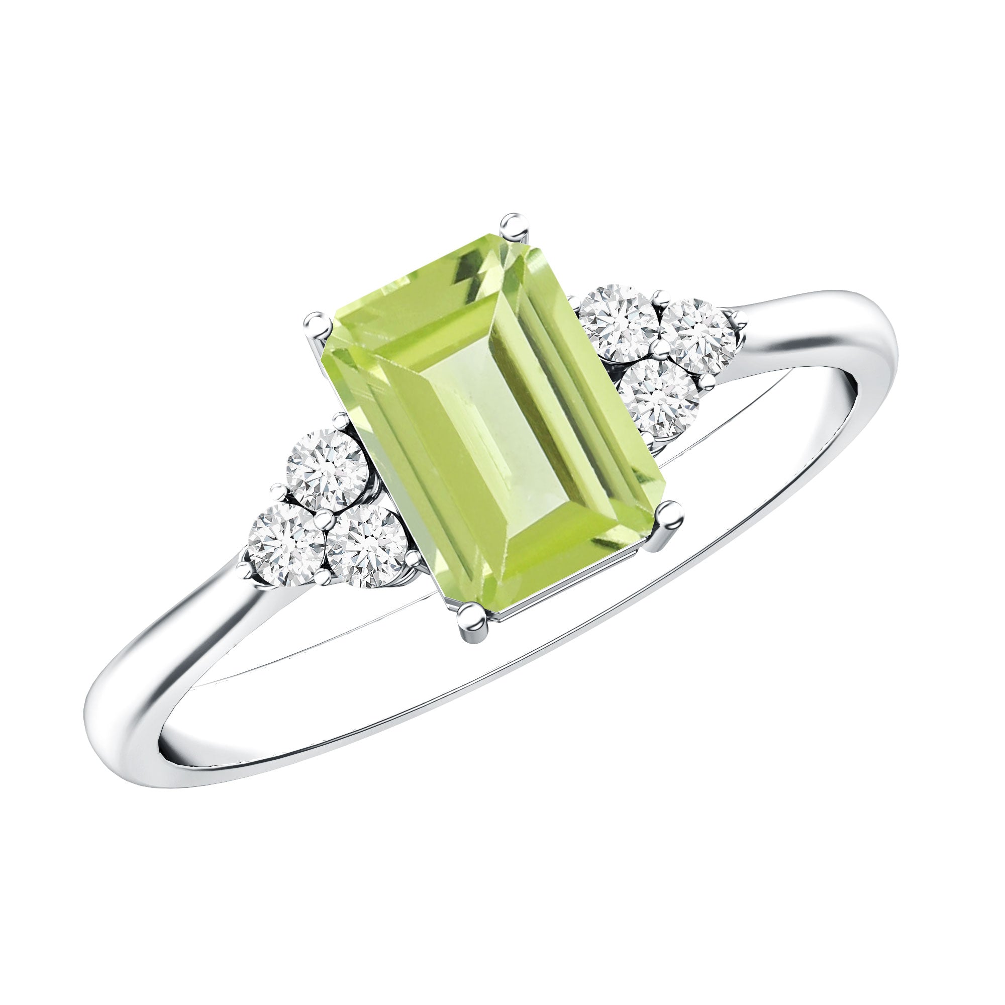Emerald Cut Peridot Engagement Ring with Diamond Trio AAA - Rosec Jewels