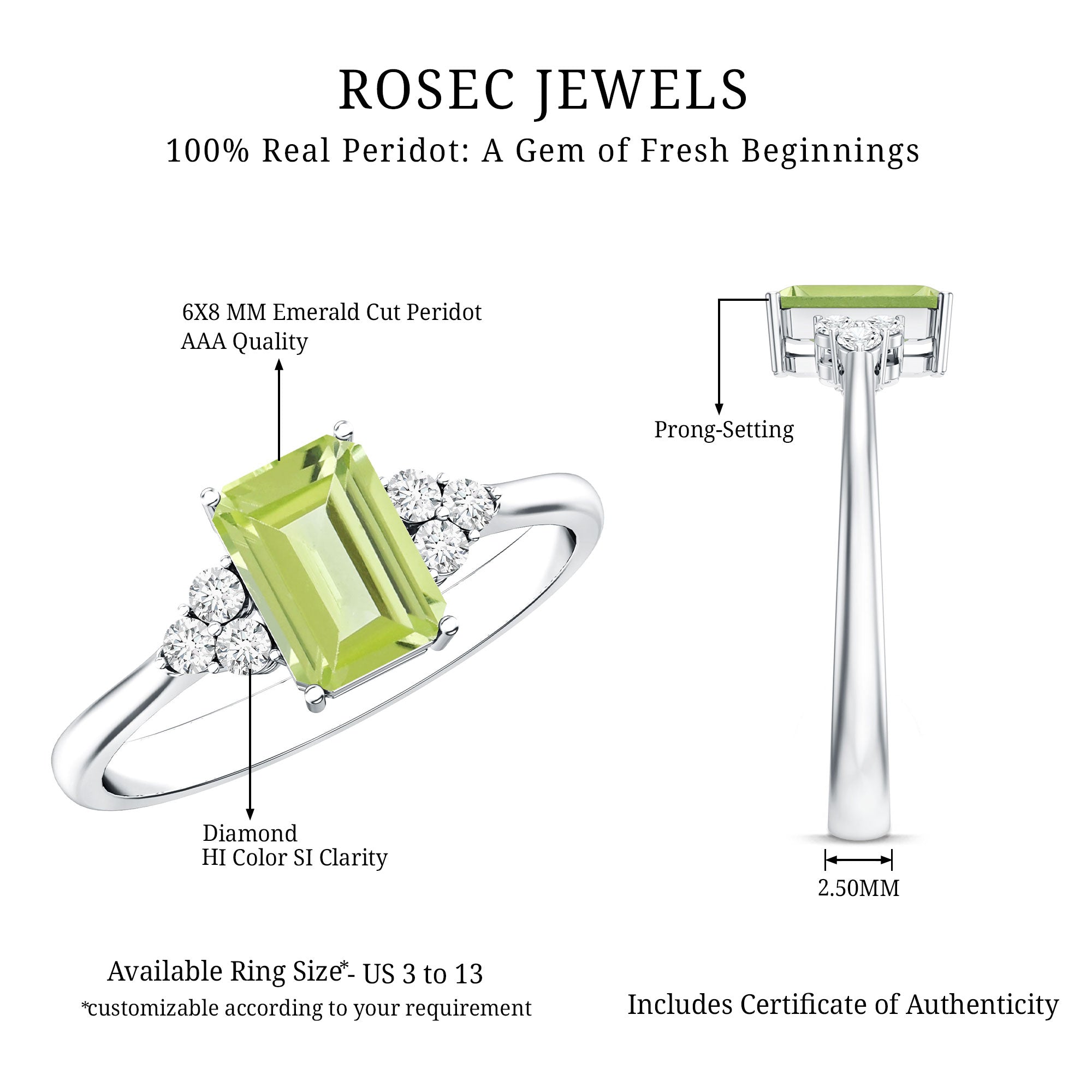 Emerald Cut Peridot Engagement Ring with Diamond Trio AAA - Rosec Jewels
