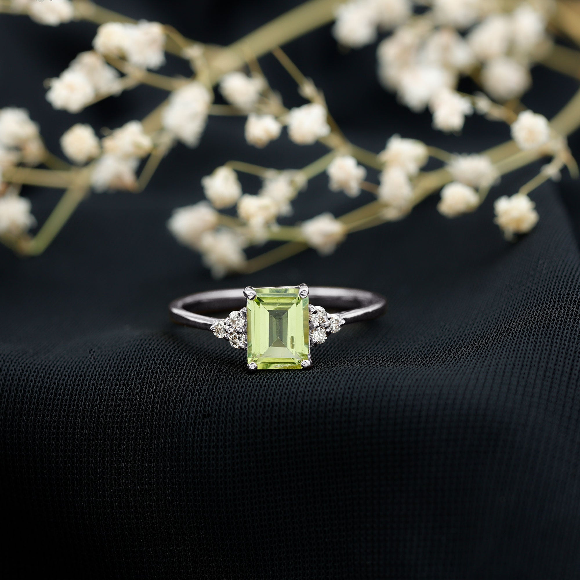 Emerald Cut Peridot Engagement Ring with Diamond Trio AAA - Rosec Jewels