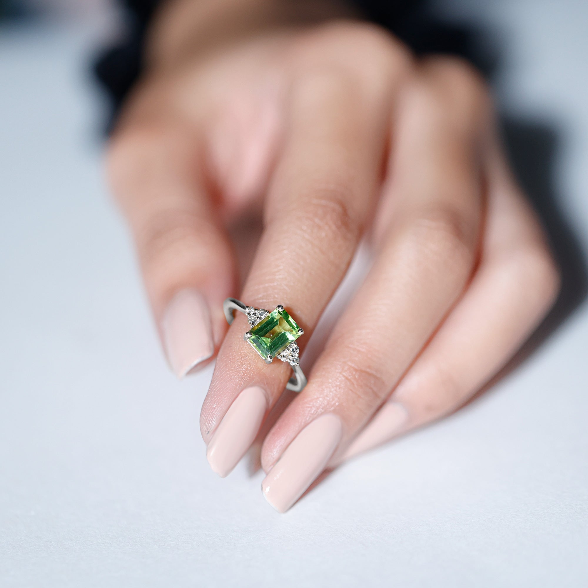 Emerald Cut Peridot Engagement Ring with Diamond Trio AAA - Rosec Jewels