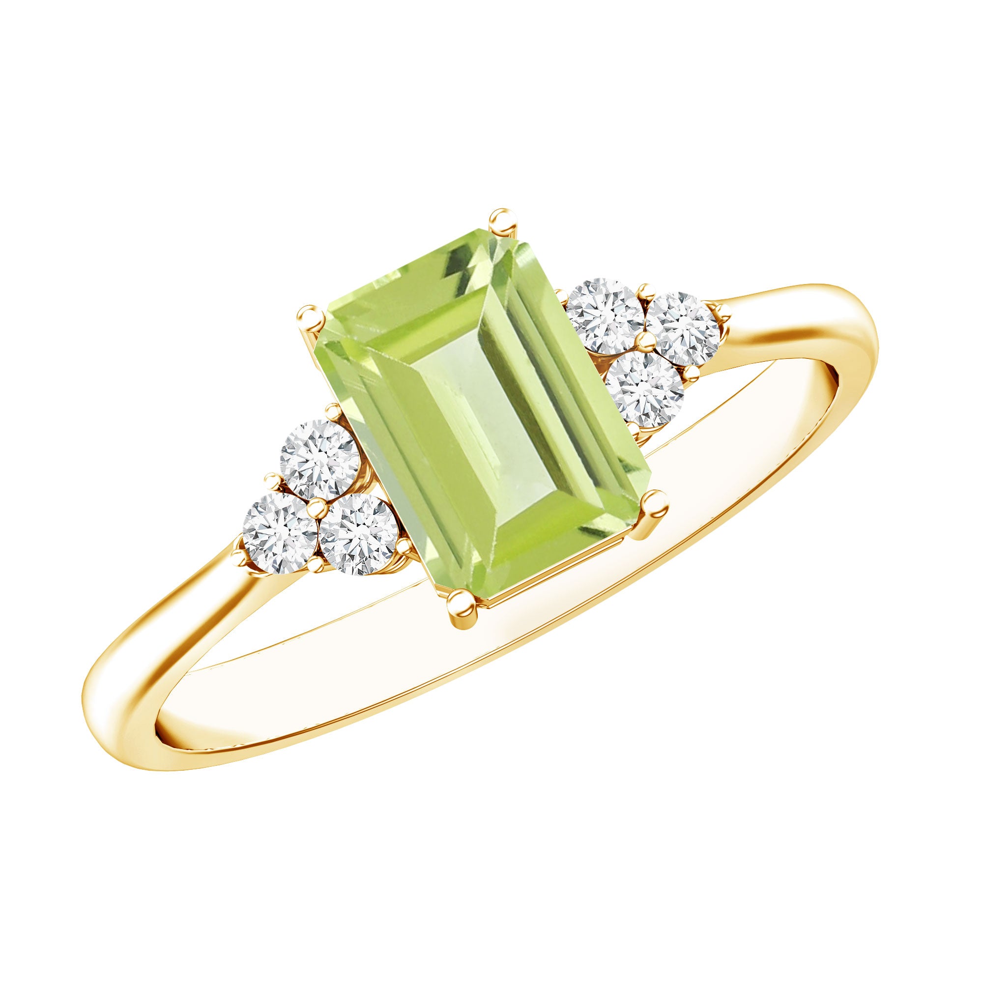 Emerald Cut Peridot Engagement Ring with Diamond Trio AAA - Rosec Jewels