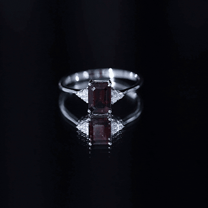 Natural Garnet Emerald Cut Engagement Ring with Diamond Trio AAA - Rosec Jewels