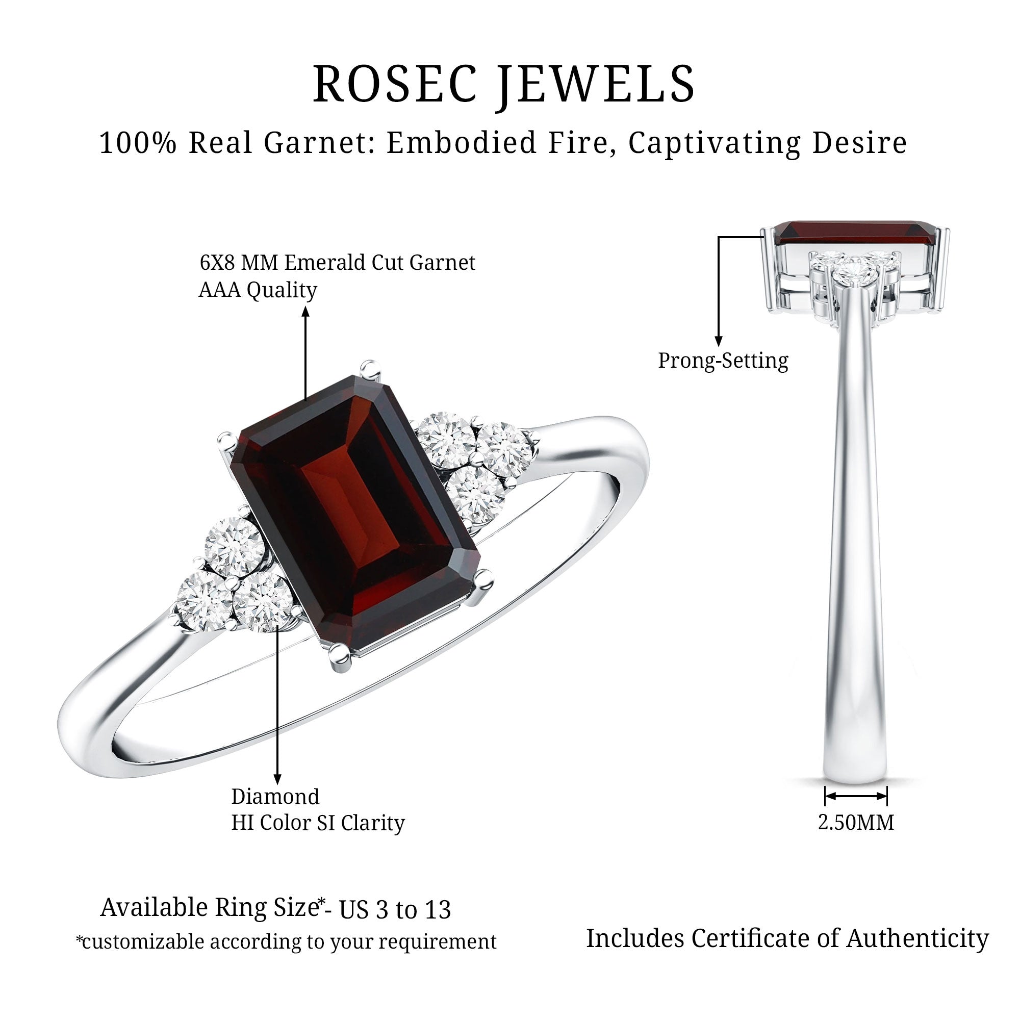 Natural Garnet Emerald Cut Engagement Ring with Diamond Trio AAA - Rosec Jewels