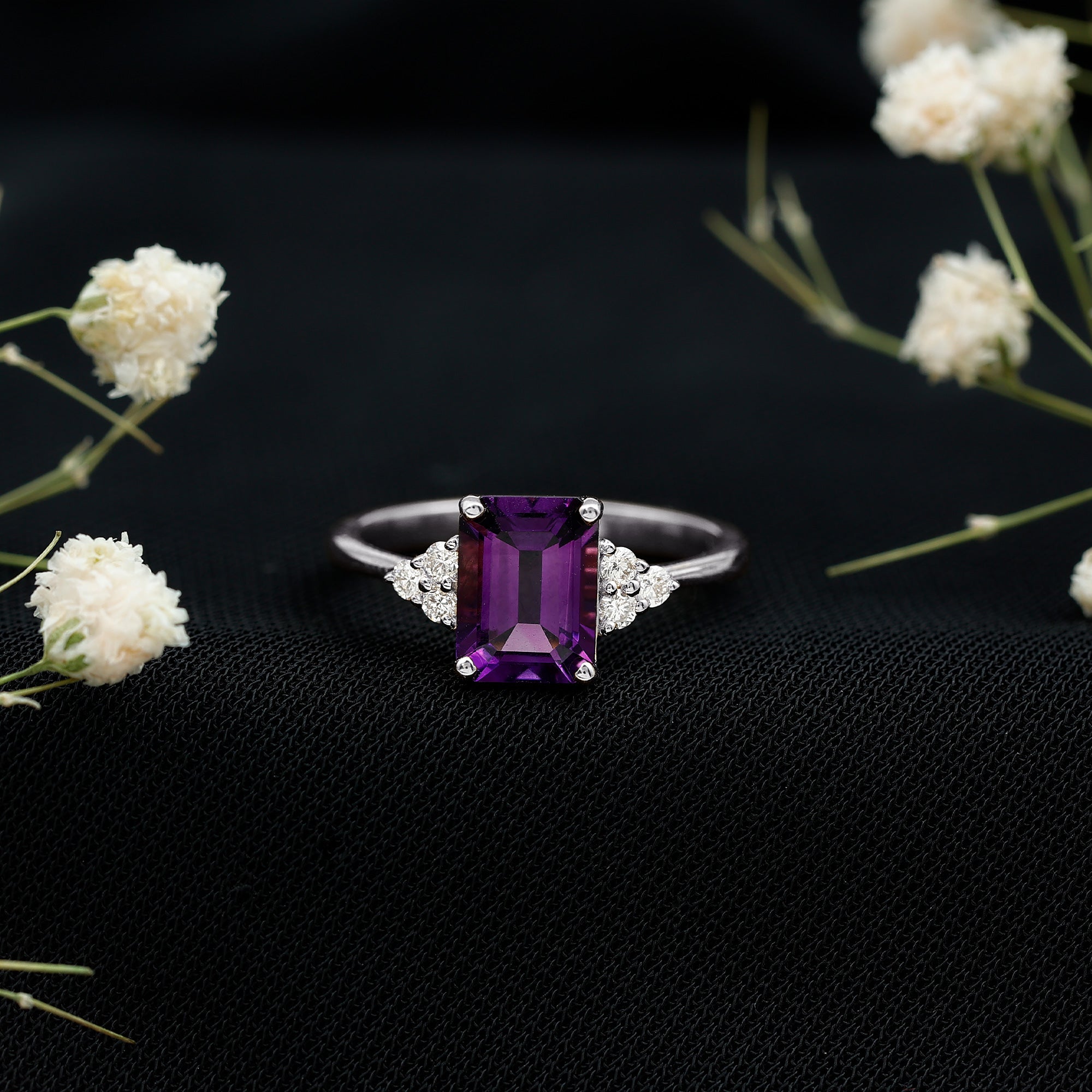 Rosec Jewels-Real 1.4 Carat Amethyst Emerald Cut Engagement Ring with Diamond Trio