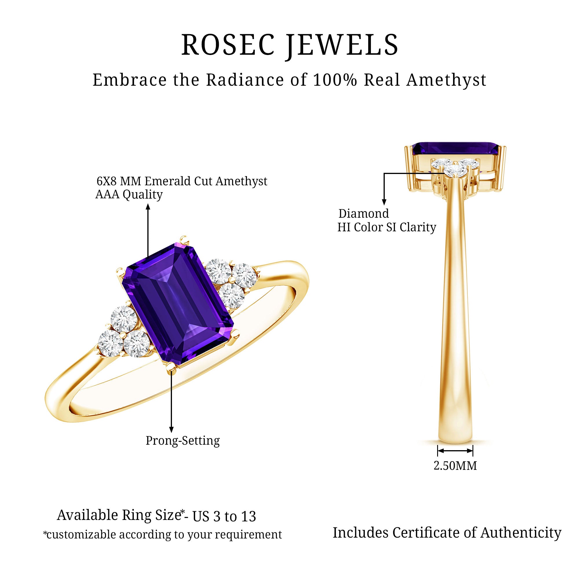 Rosec Jewels-Real 1.4 Carat Amethyst Emerald Cut Engagement Ring with Diamond Trio