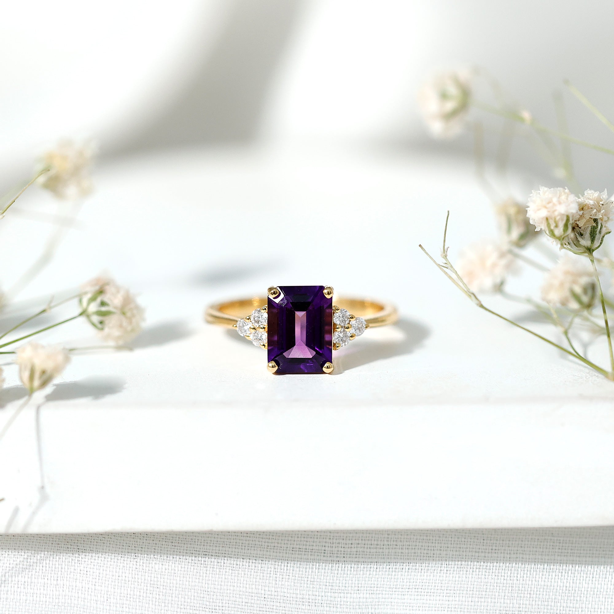 Rosec Jewels-Real 1.4 Carat Amethyst Emerald Cut Engagement Ring with Diamond Trio
