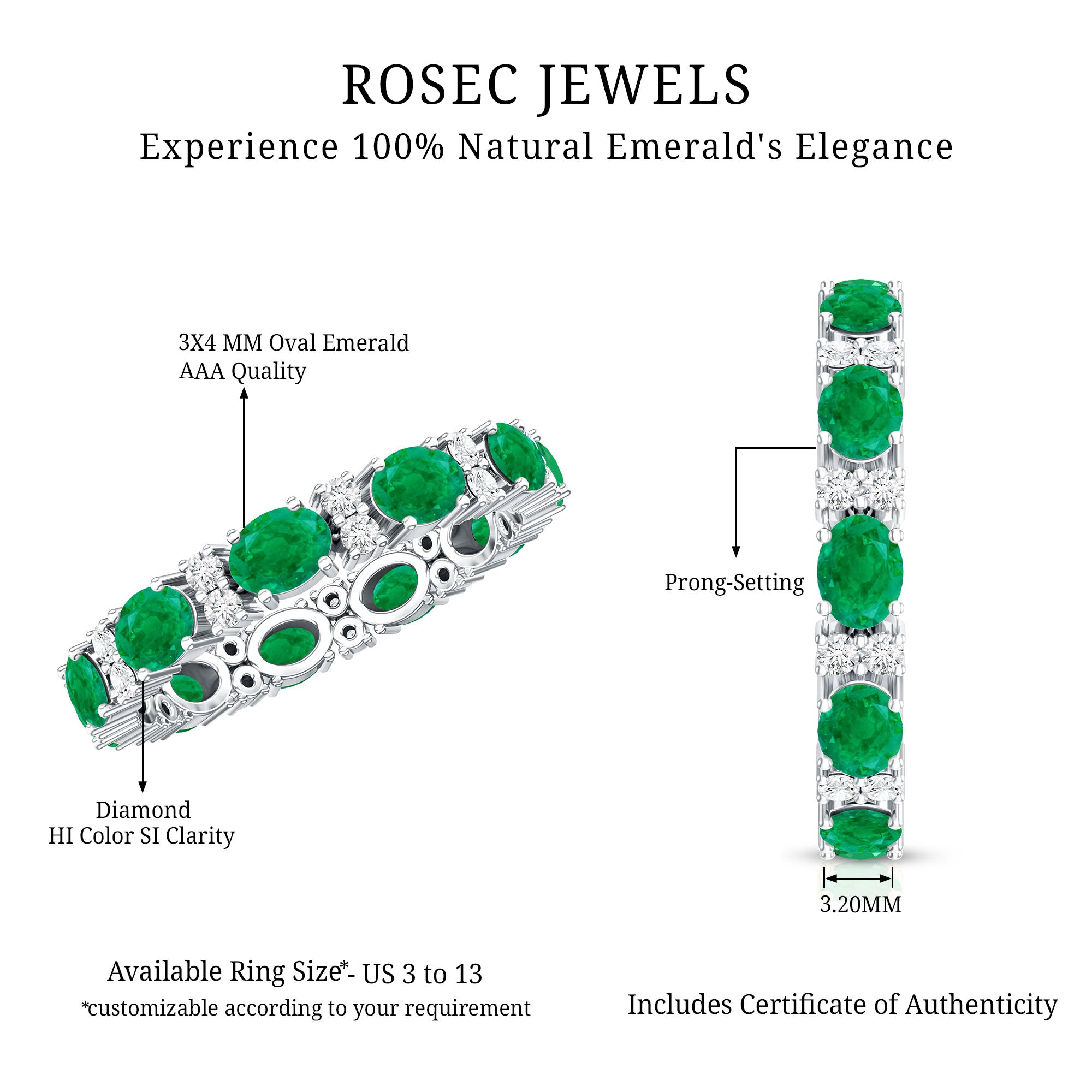 Oval Cut Real Emerald Eternity Band Ring with Diamond AAA - Rosec Jewels
