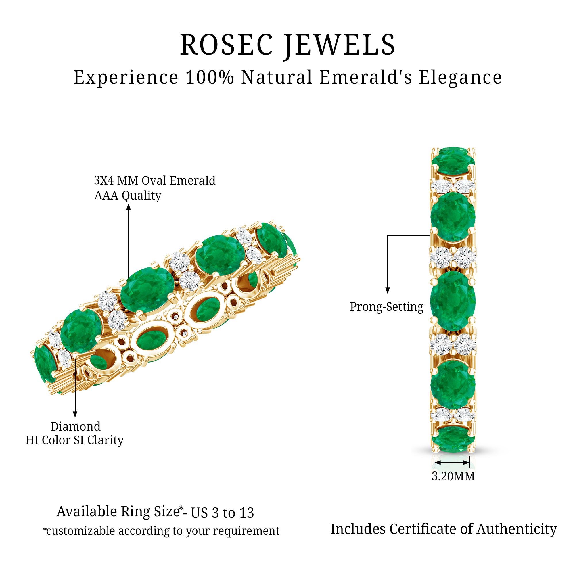 Oval Cut Real Emerald Eternity Band Ring with Diamond AAA - Rosec Jewels