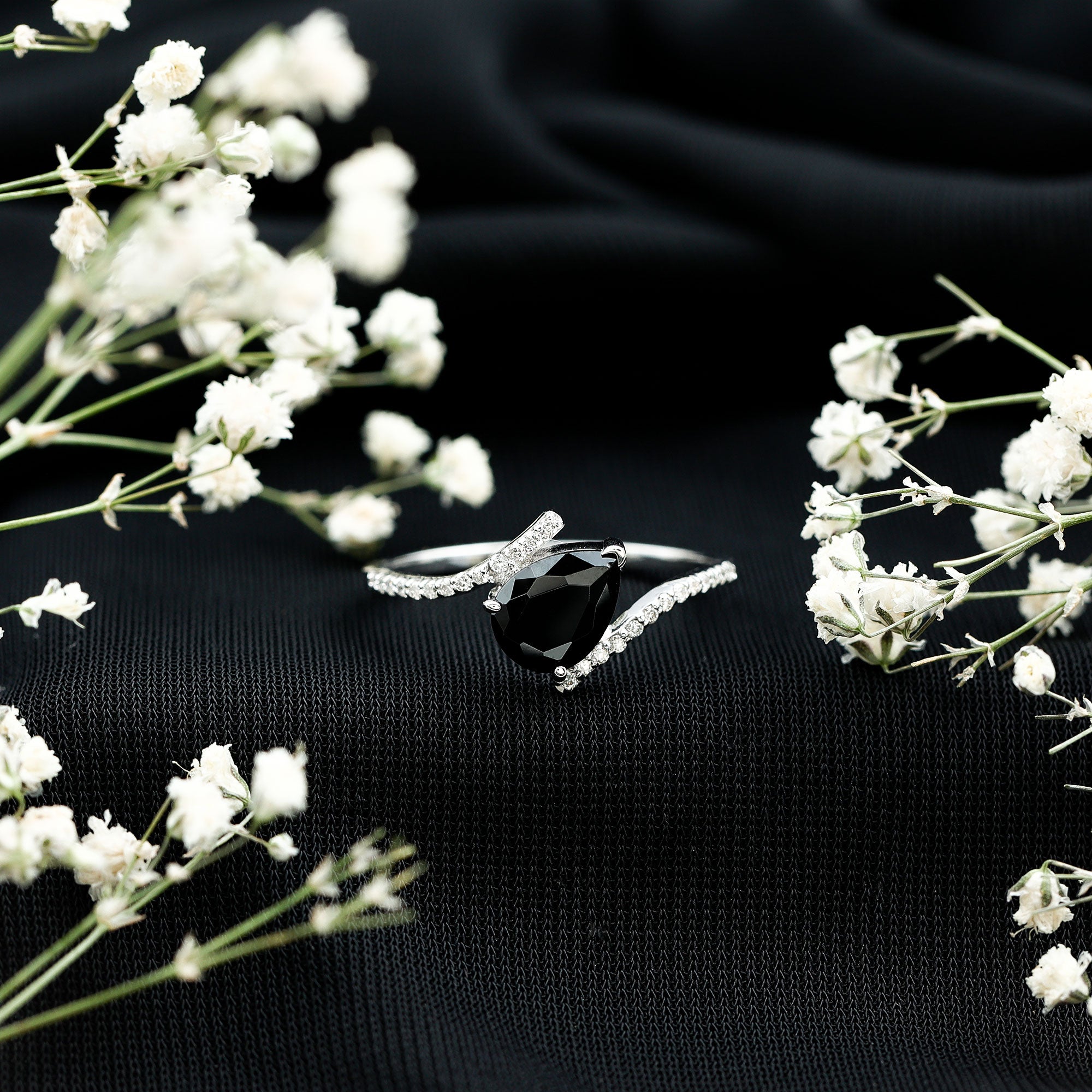 Certified 0.8 Carat Lab Grown Black and White Diamond Promise Ring with Bypass Shank AAAA ( Synthetic ) - Rosec Jewels