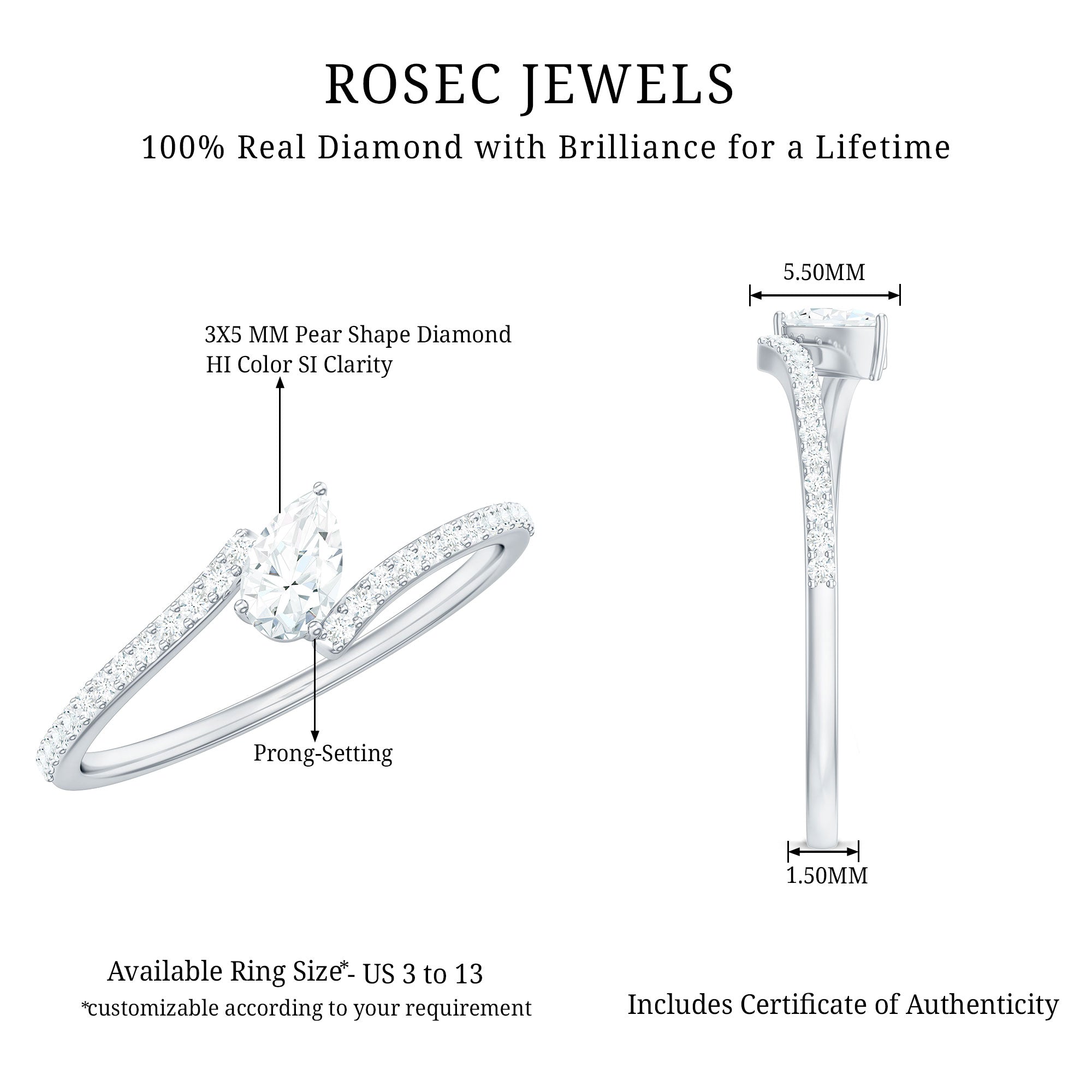 Certified Natural Diamond Promise Ring with Bypass Shank Natural - ( HI-SI ) - Rosec Jewels