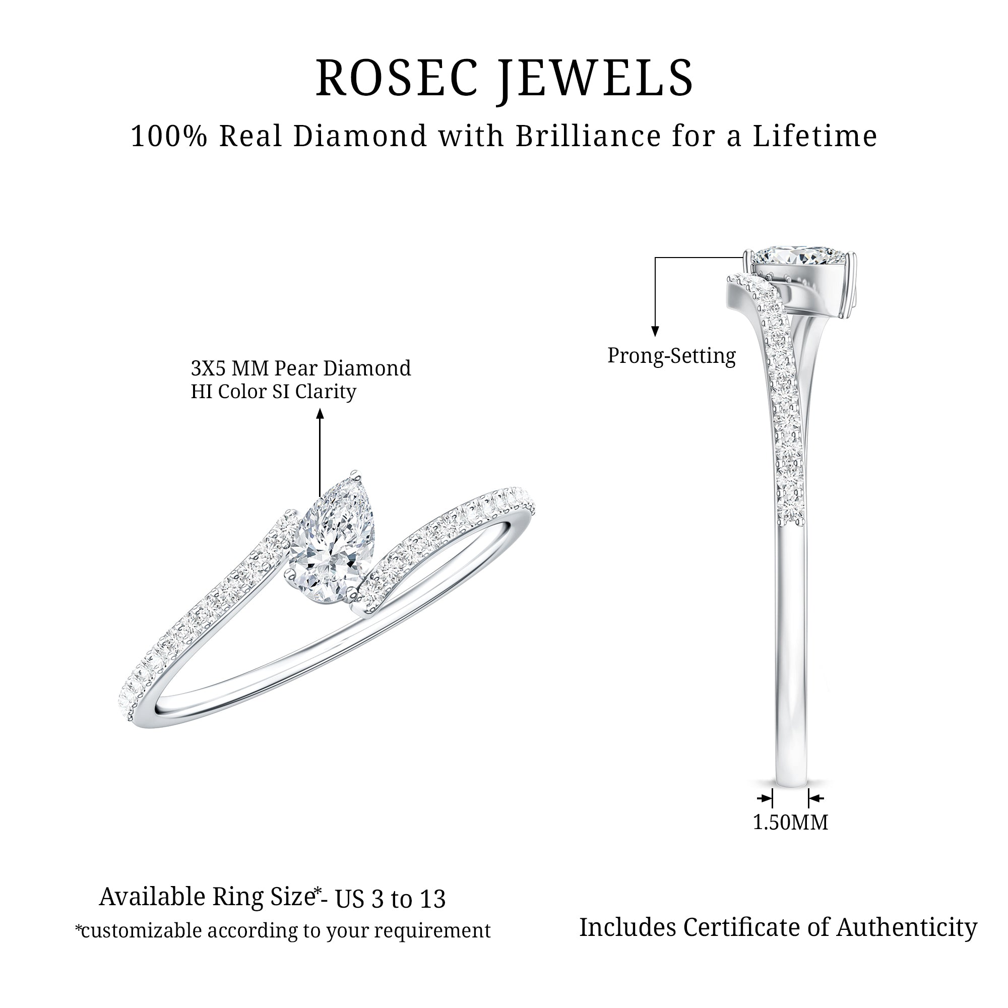 Certified Natural Diamond Promise Ring with Bypass Shank Natural - ( HI-SI ) - Rosec Jewels