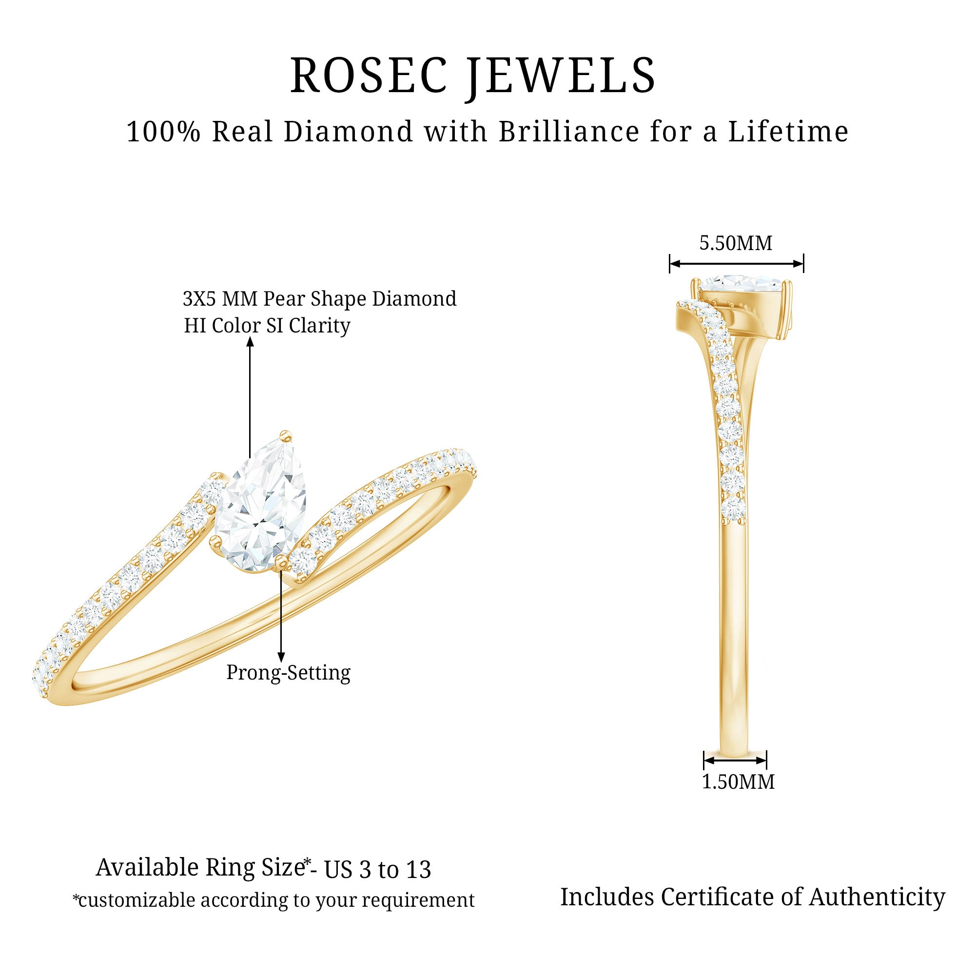 Certified Natural Diamond Promise Ring with Bypass Shank Natural - ( HI-SI ) - Rosec Jewels