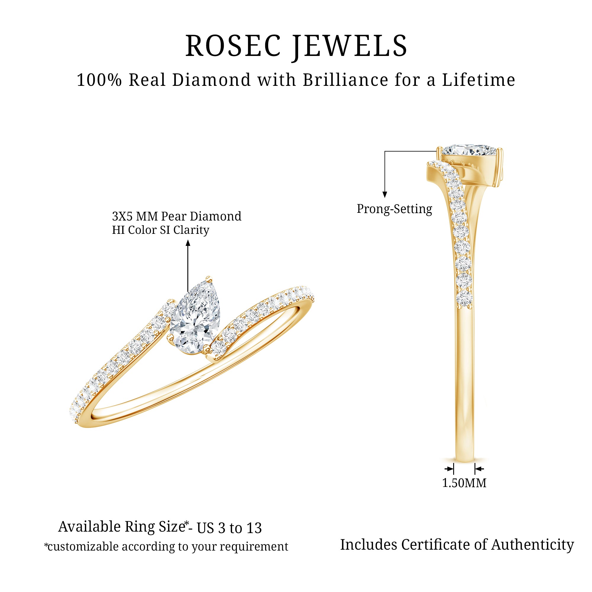 Certified Natural Diamond Promise Ring with Bypass Shank Natural - ( HI-SI ) - Rosec Jewels